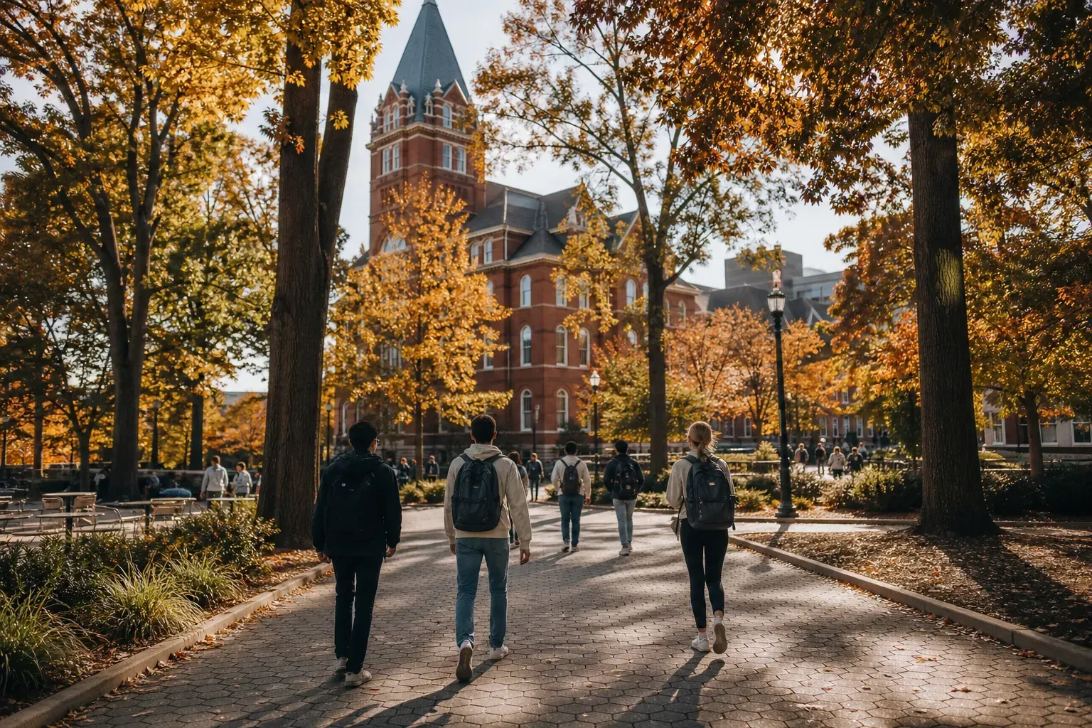 Georgia Tech 喬治亞理工學院的寫實校園景緻，學生在建築前漫步