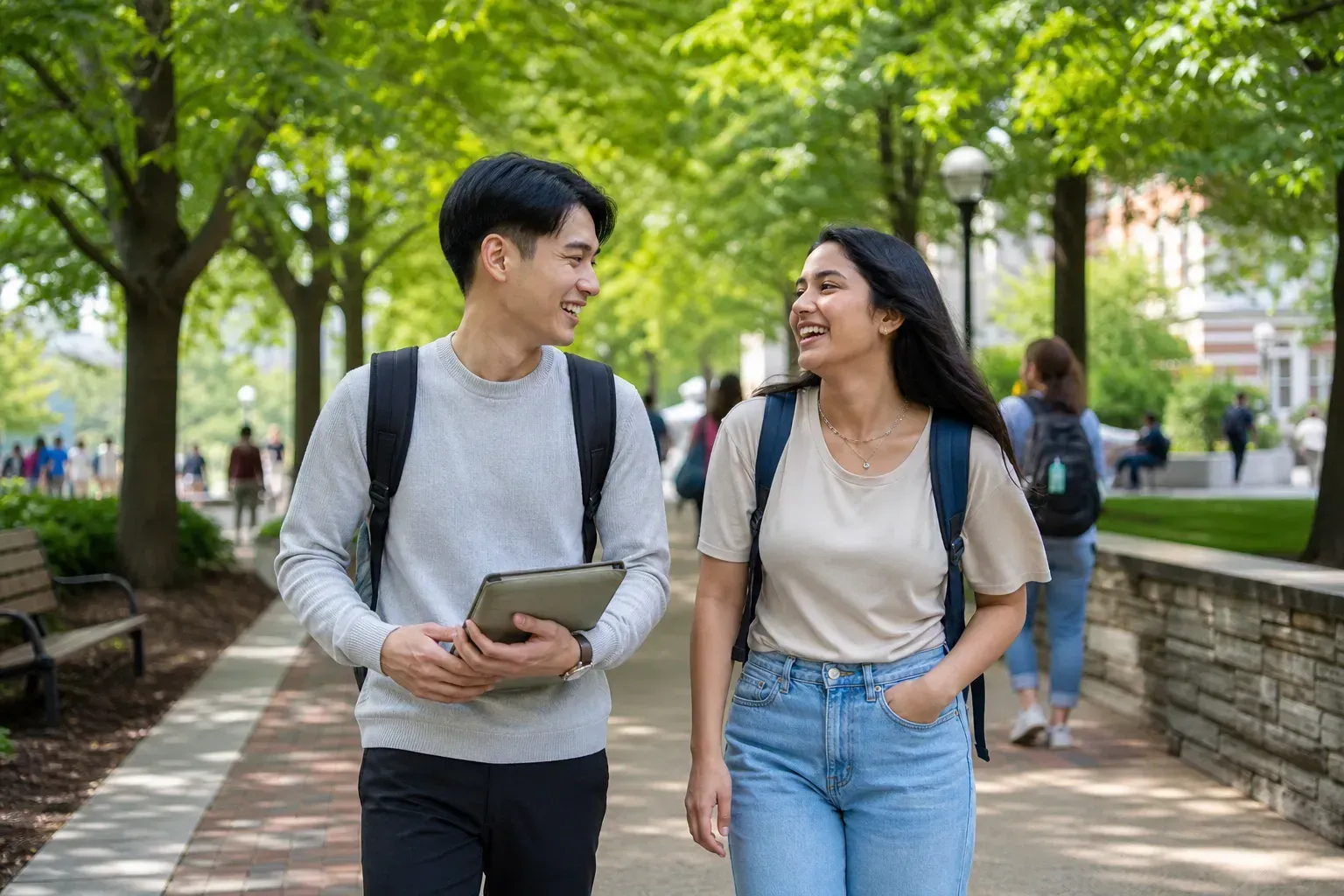 兩位留學生背著背包在綠意盎然的大學校園步道上漫步與歡笑