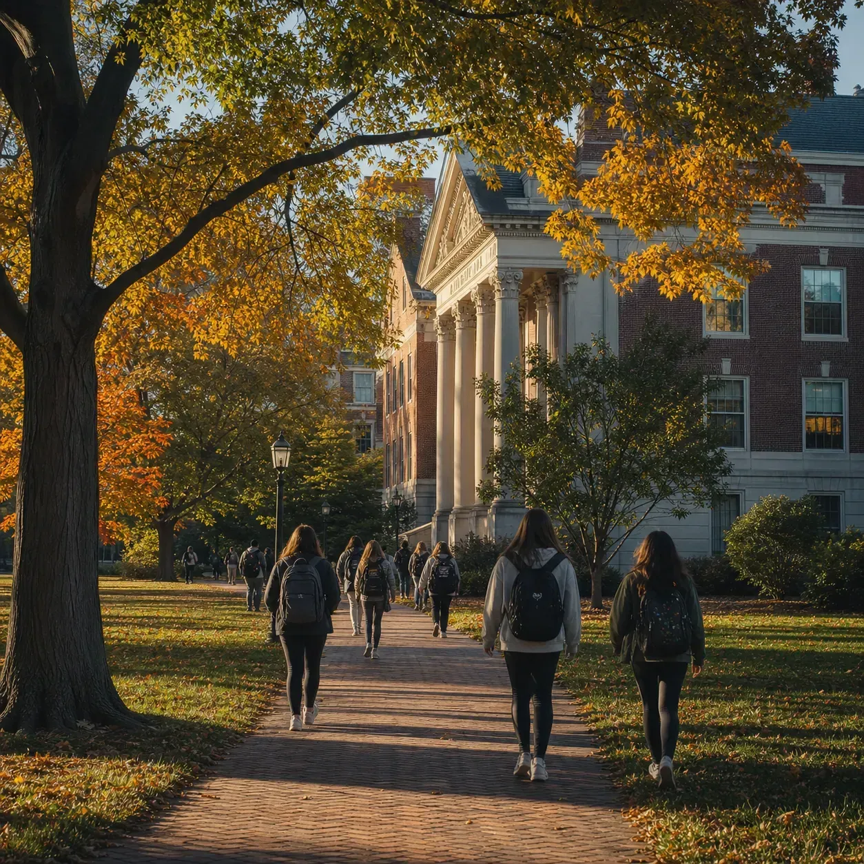 Johns Hopkins University 約翰霍普金斯大學的寫實校園景緻，學生在建築前漫步