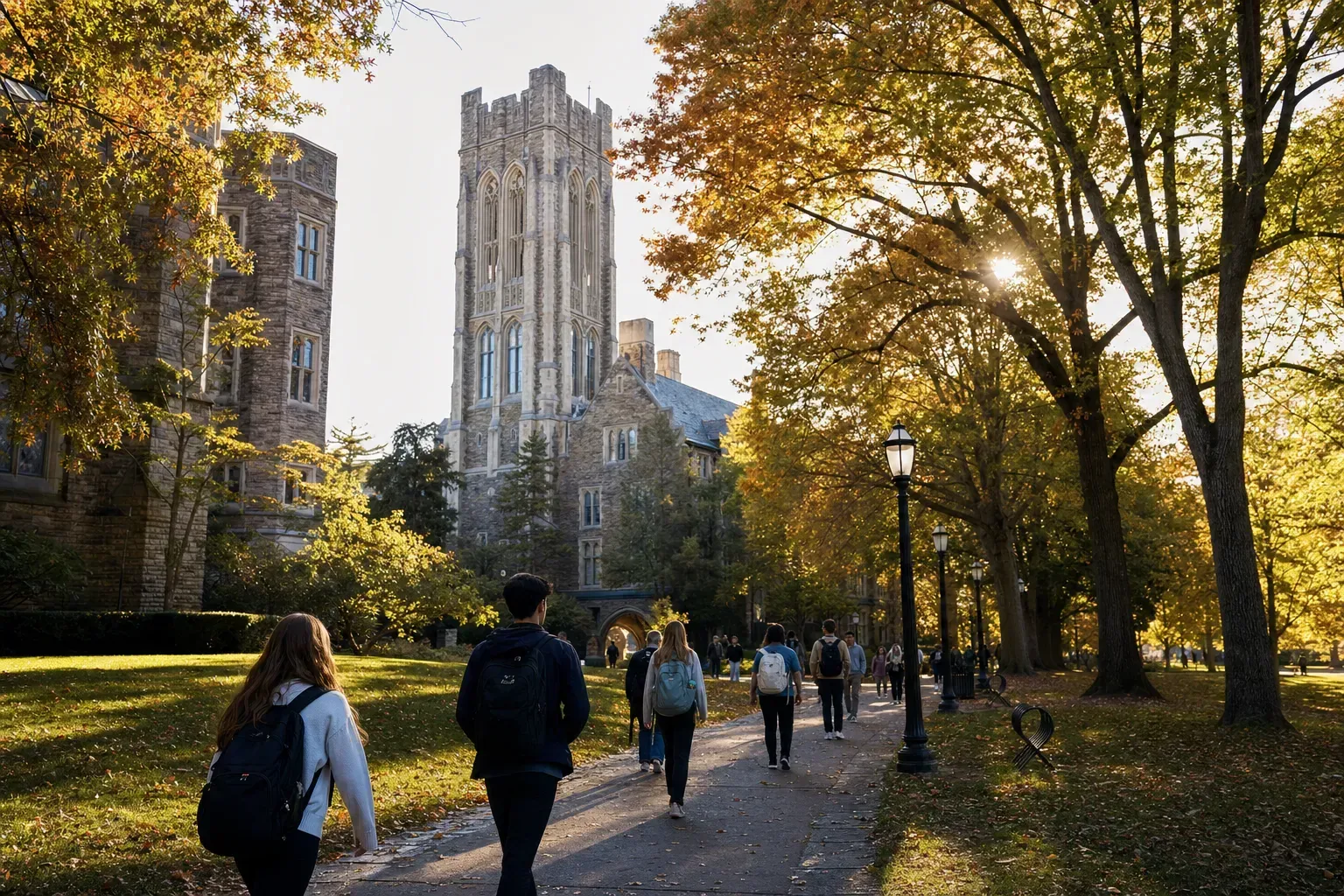 Lehigh 利哈伊大學的寫實校園景緻，學生在建築前漫步