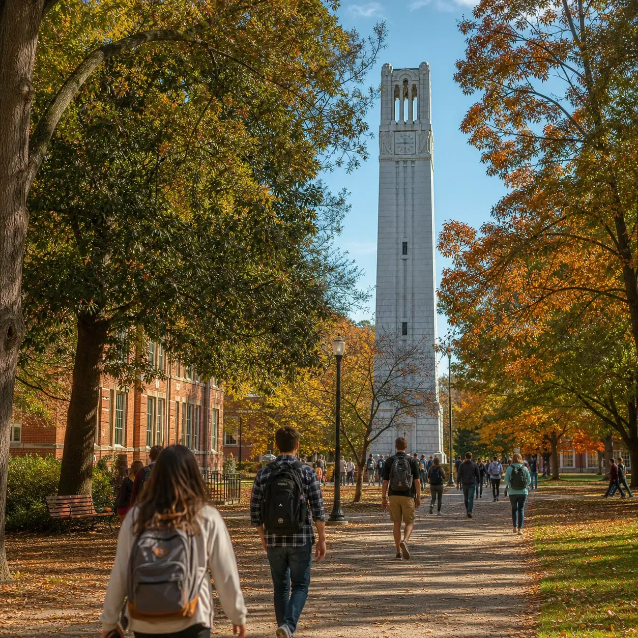 NC State 北卡州立大學的寫實校園景緻，學生在建築前漫步