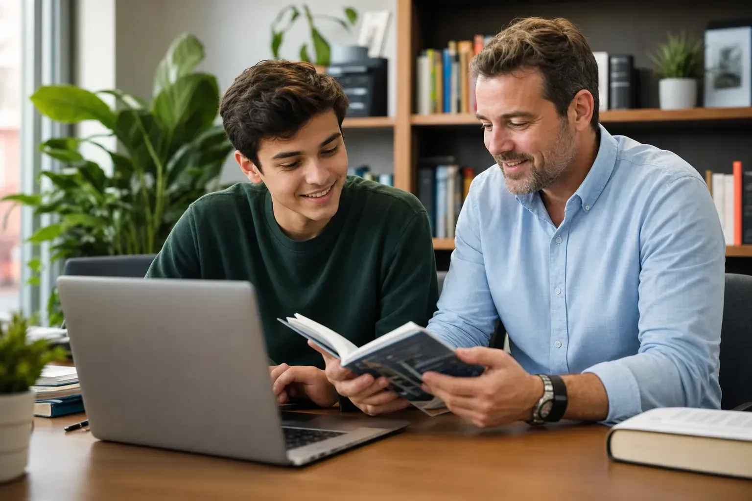 A student and a counselor discussing college application strategies in a modern office