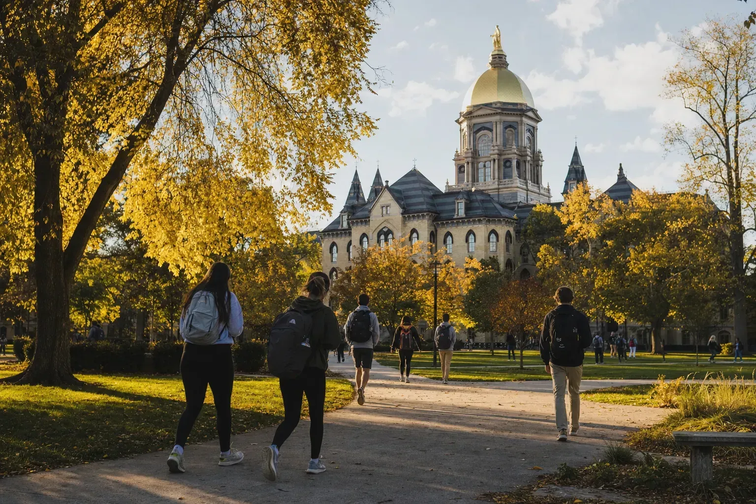 University of Notre Dame 聖母大學的寫實校園景緻，學生在建築前漫步