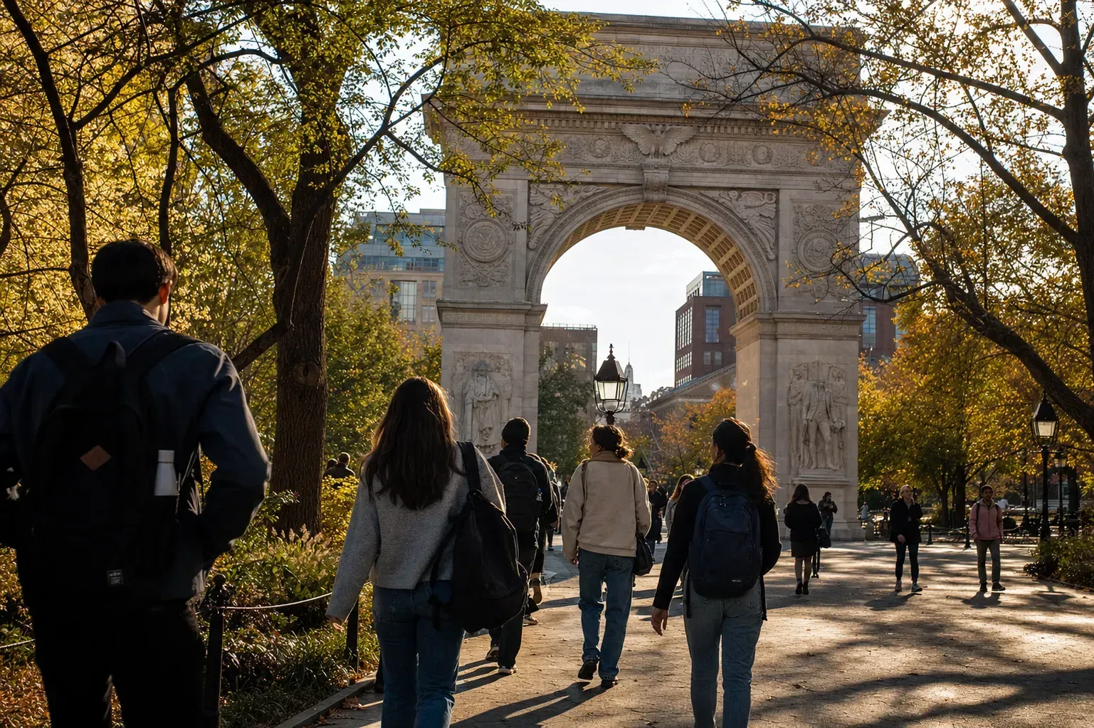 New York University 紐約大學的寫實校園景緻，學生在建築前漫步