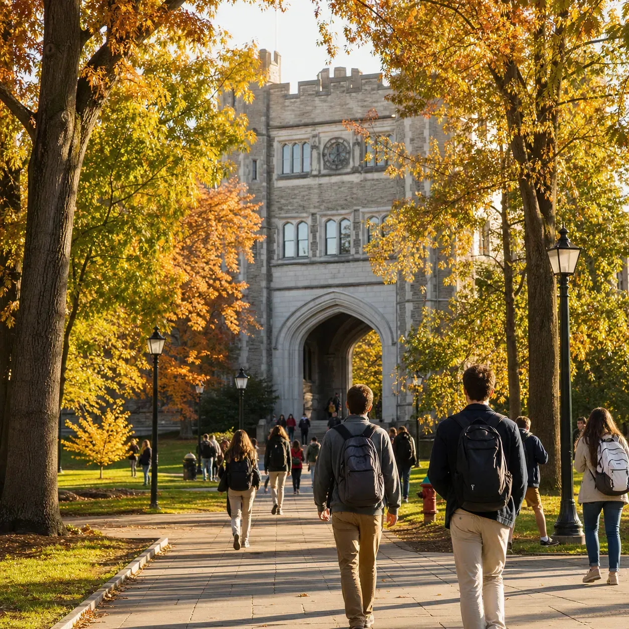 Princeton University 普林斯頓大學的寫實校園景緻，學生在建築前漫步