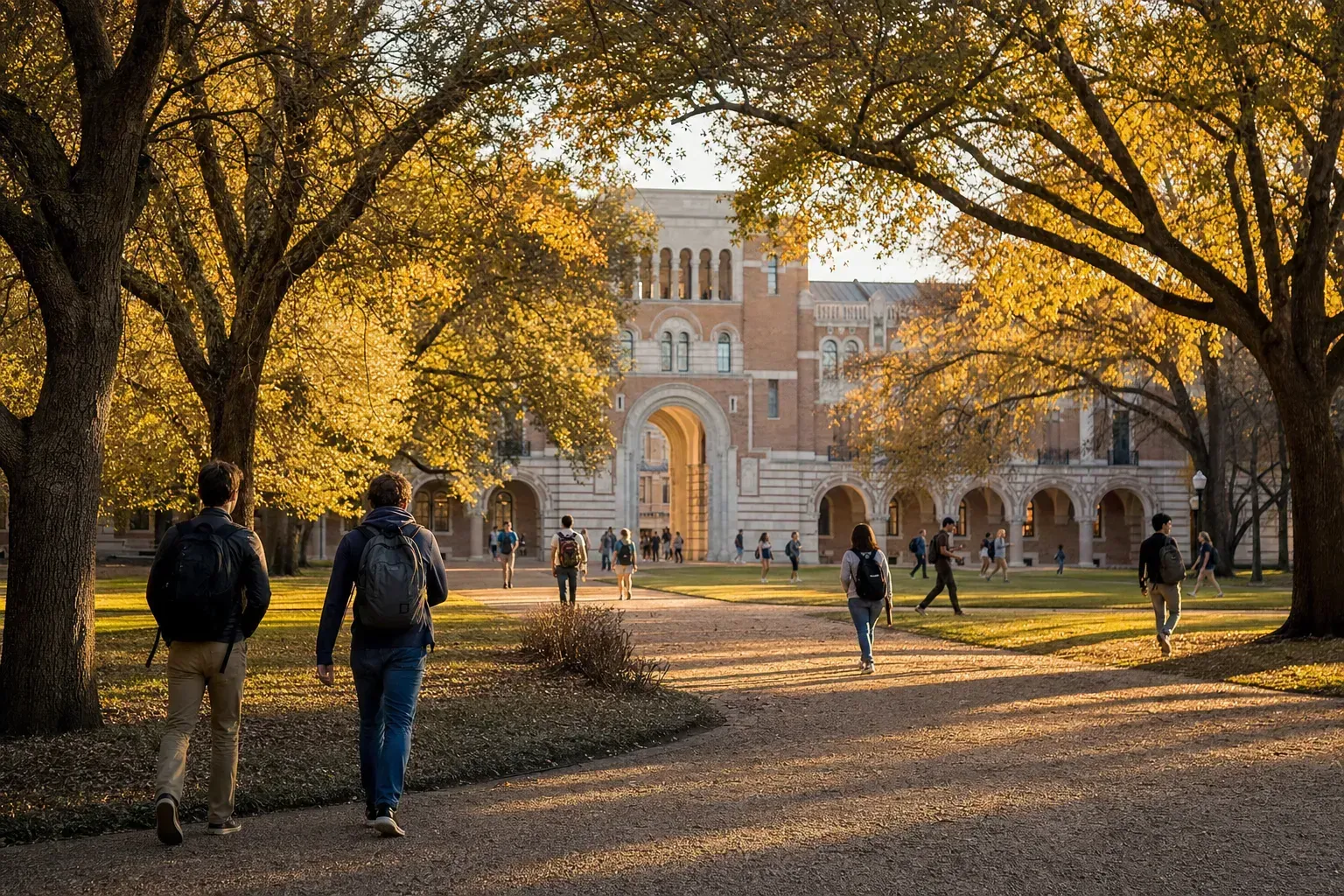 Rice University 萊斯大學的寫實校園景緻，學生在建築前漫步