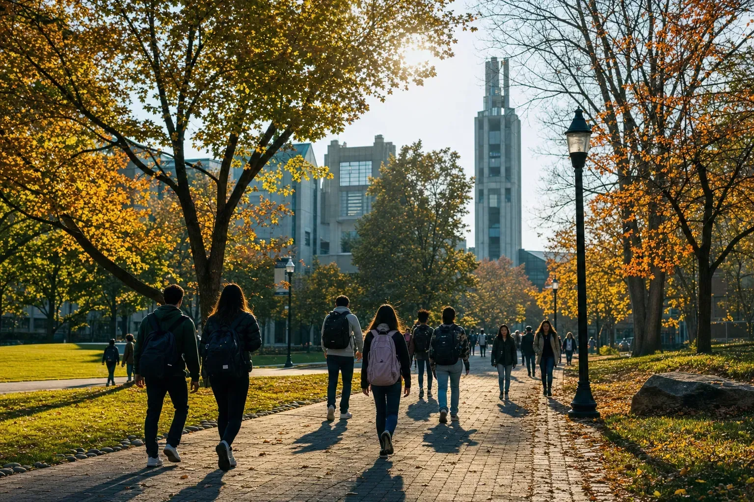 Stony Brook 紐約州立石溪分校的寫實校園景緻，學生在建築前漫步