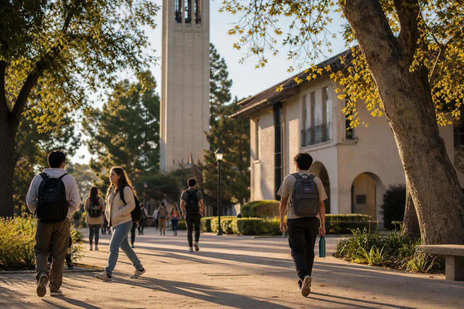 UC Santa Barbara 加州大學聖塔芭芭拉分校的寫實校園景緻，學生在建築前漫步