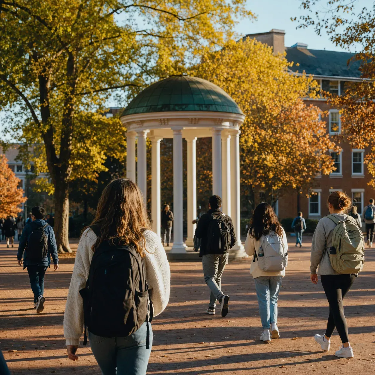 UNC Chapel Hill 北卡羅來納大學教堂山分校的寫實校園景緻，學生在建築前漫步