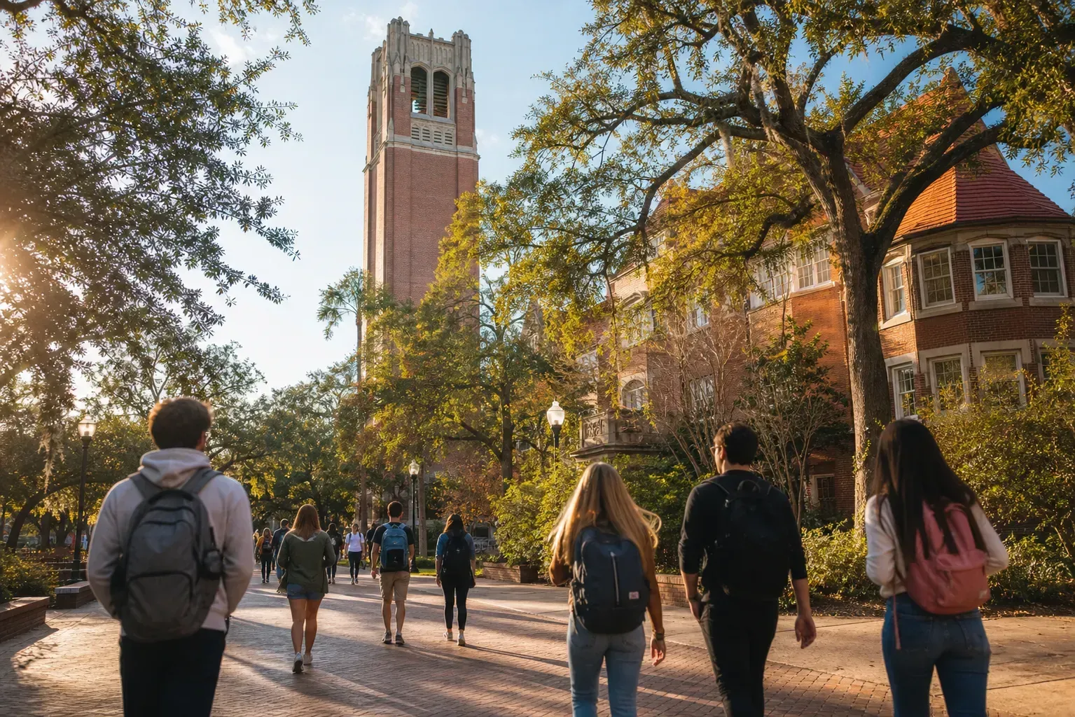 University of Florida 佛羅里達大學的寫實校園景緻，學生在建築前漫步