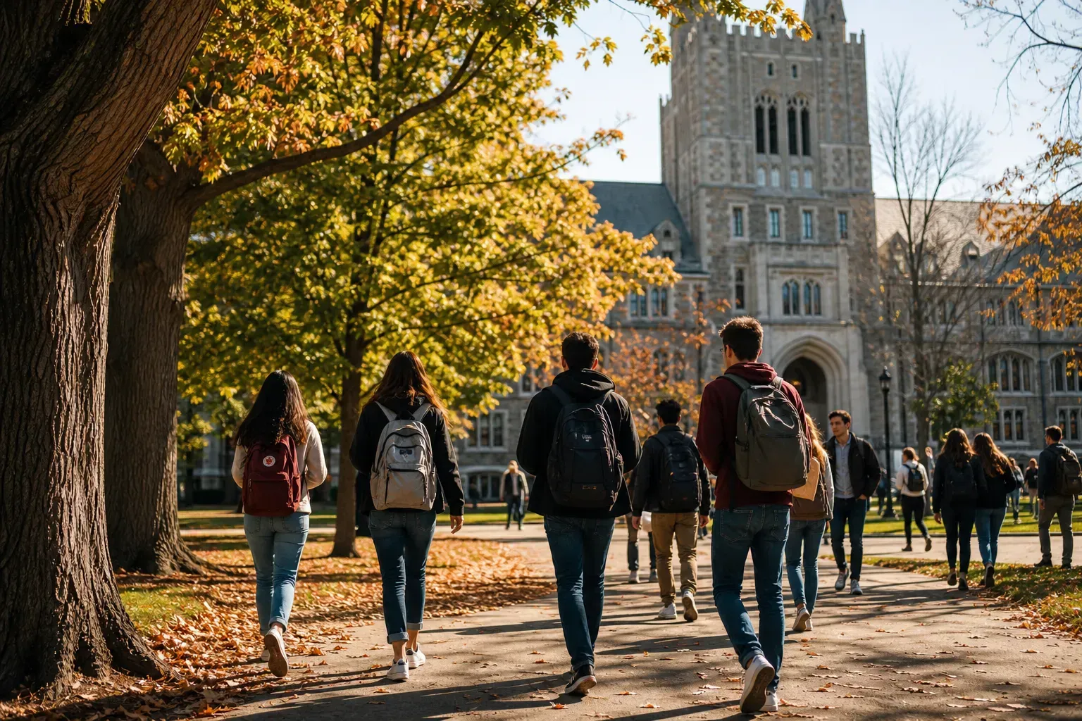 University of Michigan 密西根大學的寫實校園景緻，學生在建築前漫步