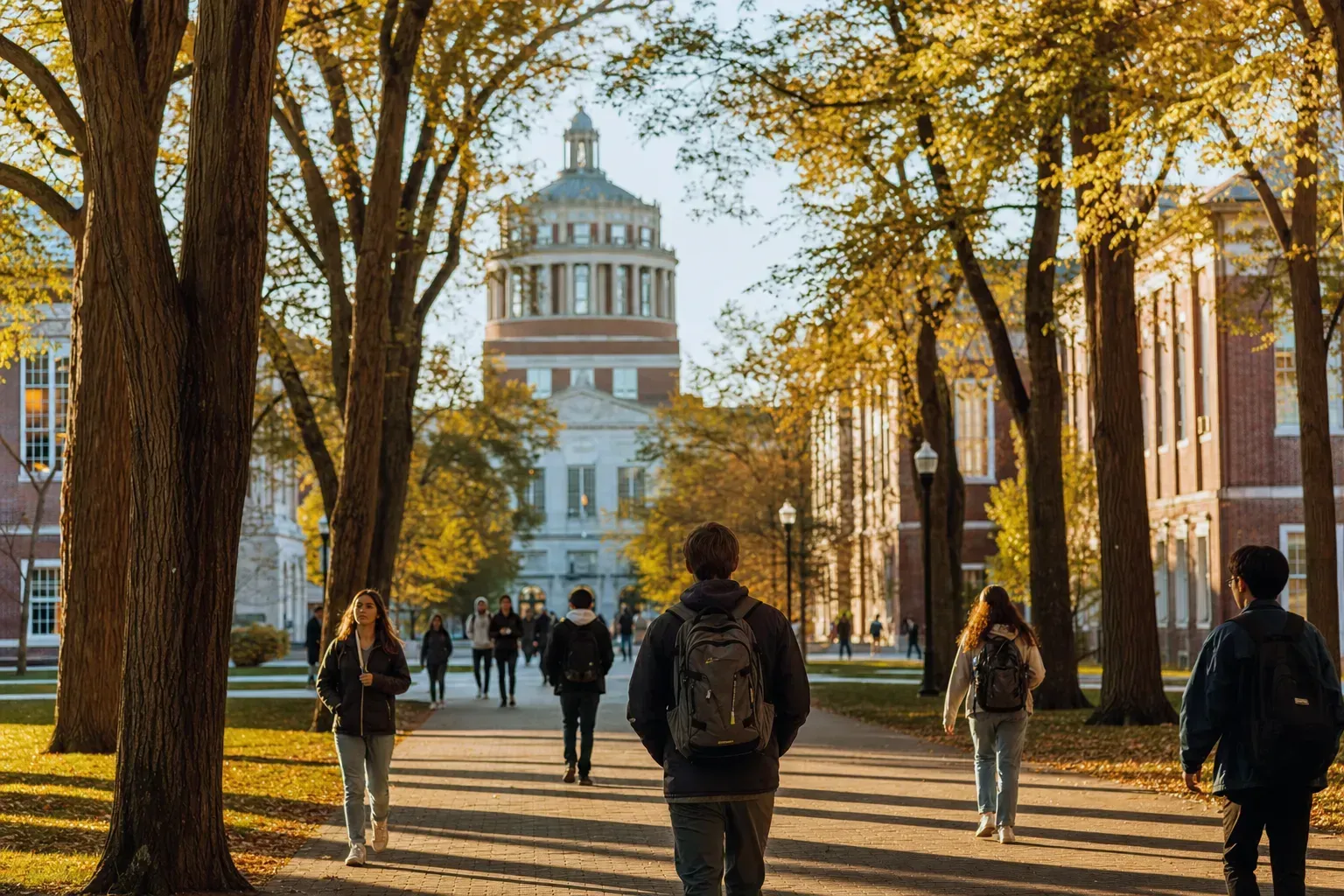 University of Rochester 羅徹斯特大學的寫實校園景緻，學生在建築前漫步