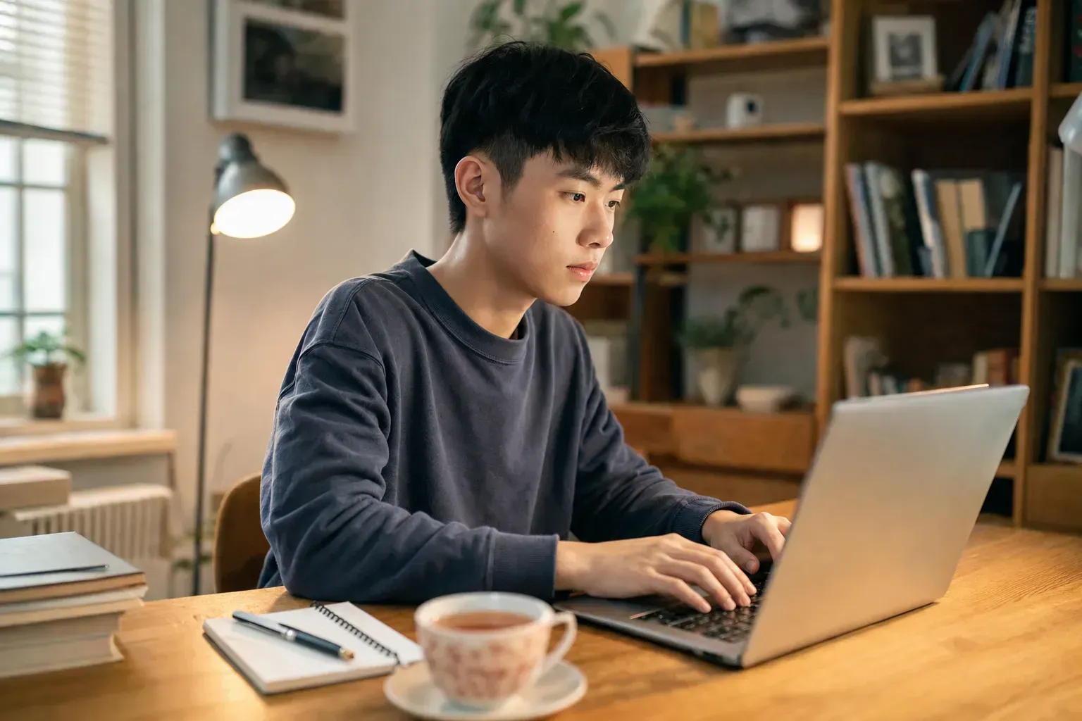 一位專注的學生在溫馨的書房中用電腦撰寫申請文書