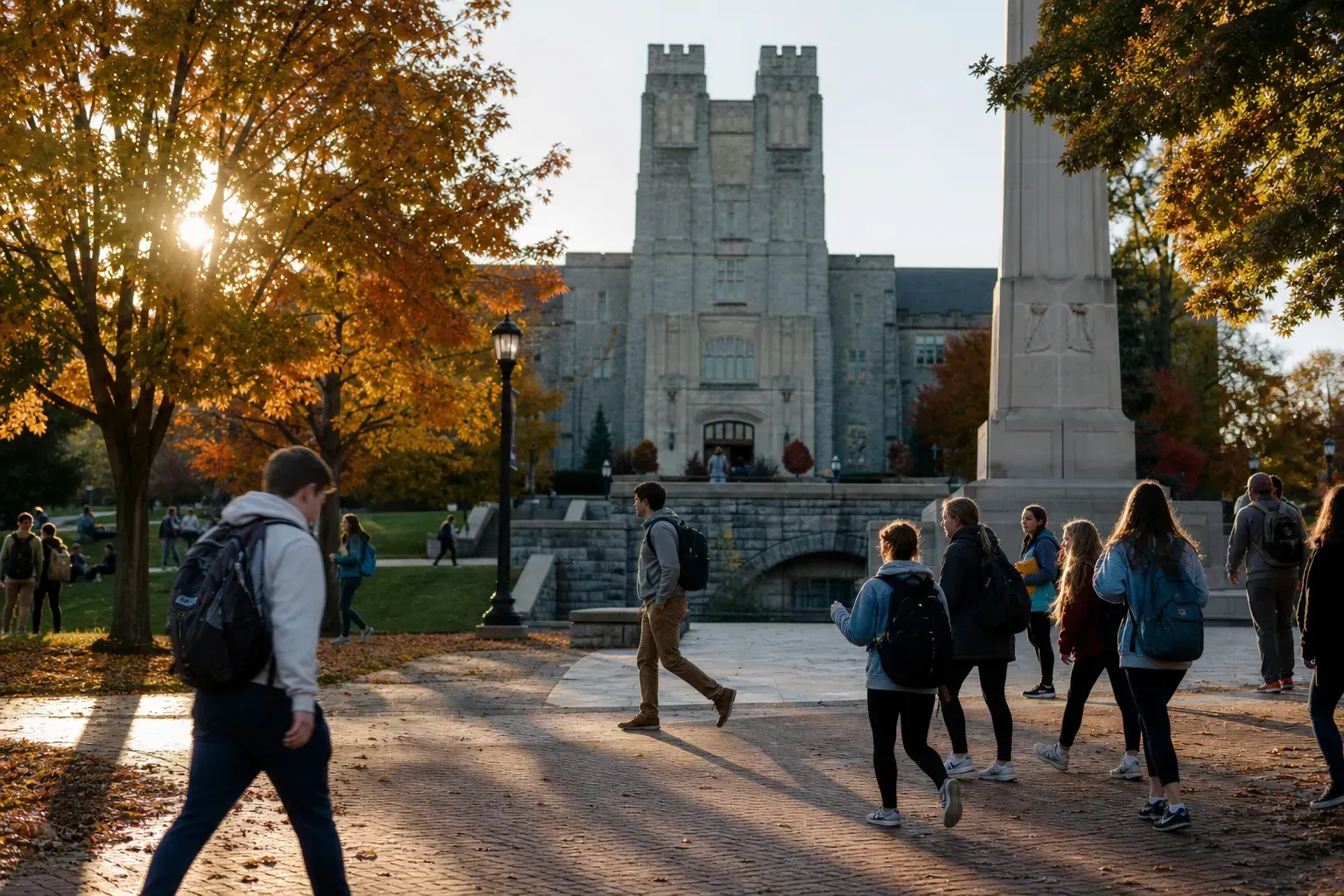 Virginia Tech 維吉尼亞理工的寫實校園景緻，學生在建築前漫步