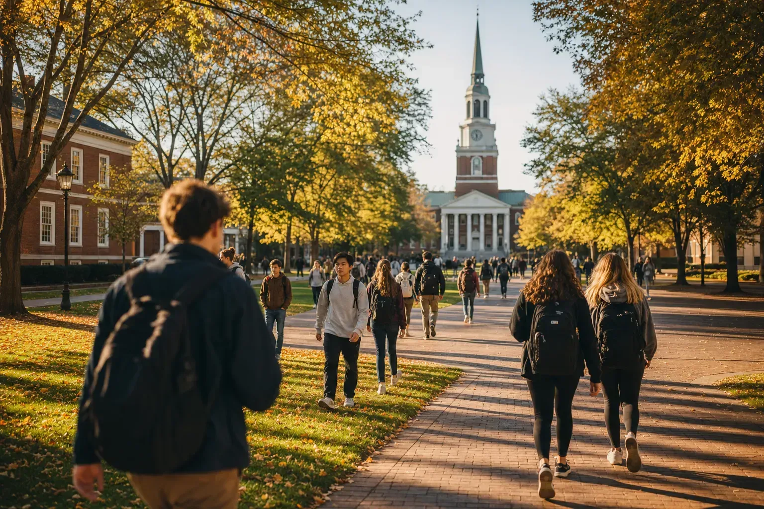 Wake Forest 維克森林大學的寫實校園景緻，學生在建築前漫步