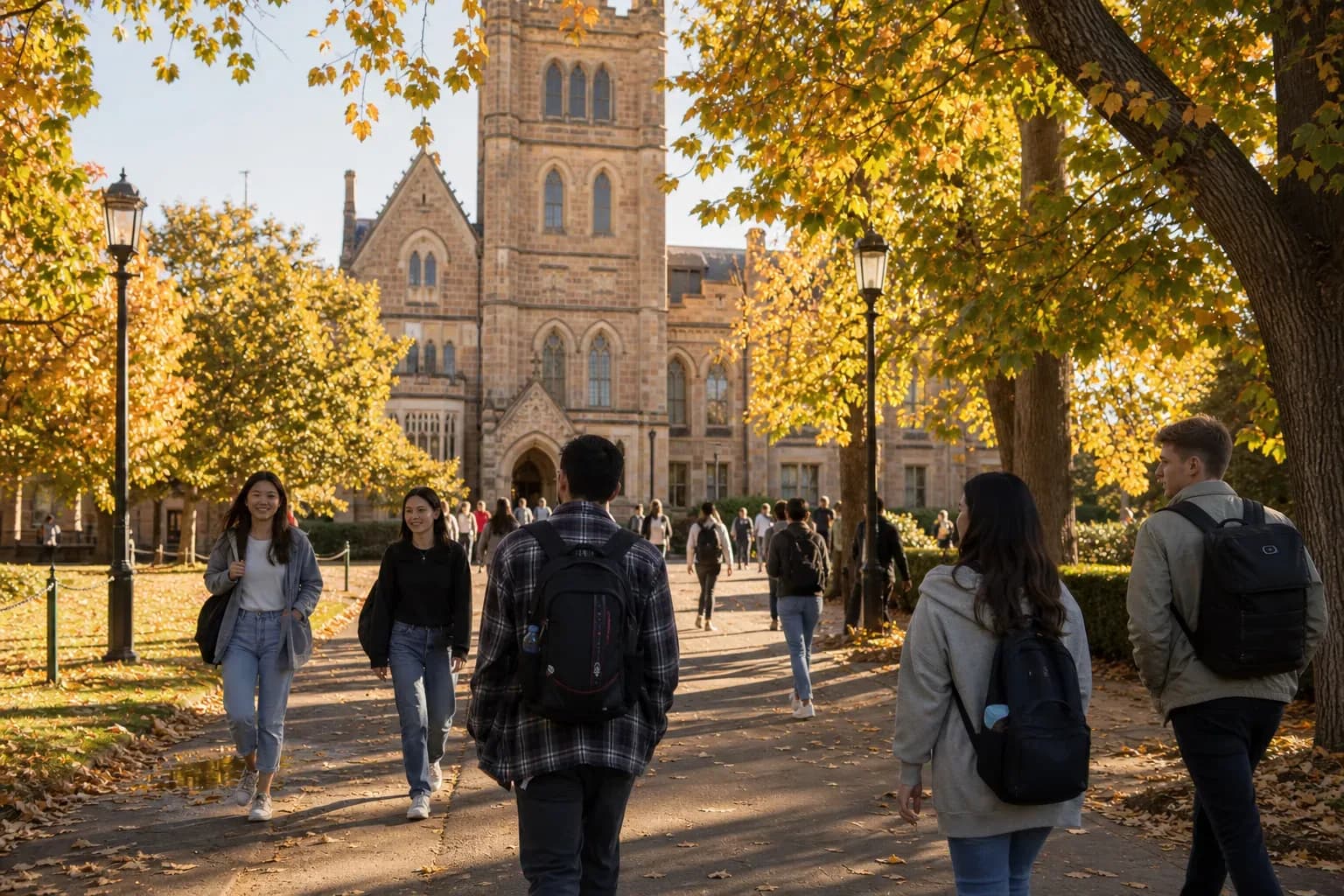 Australian Catholic University 澳洲天主教大學的寫實校園景緻，學生在建築前漫步