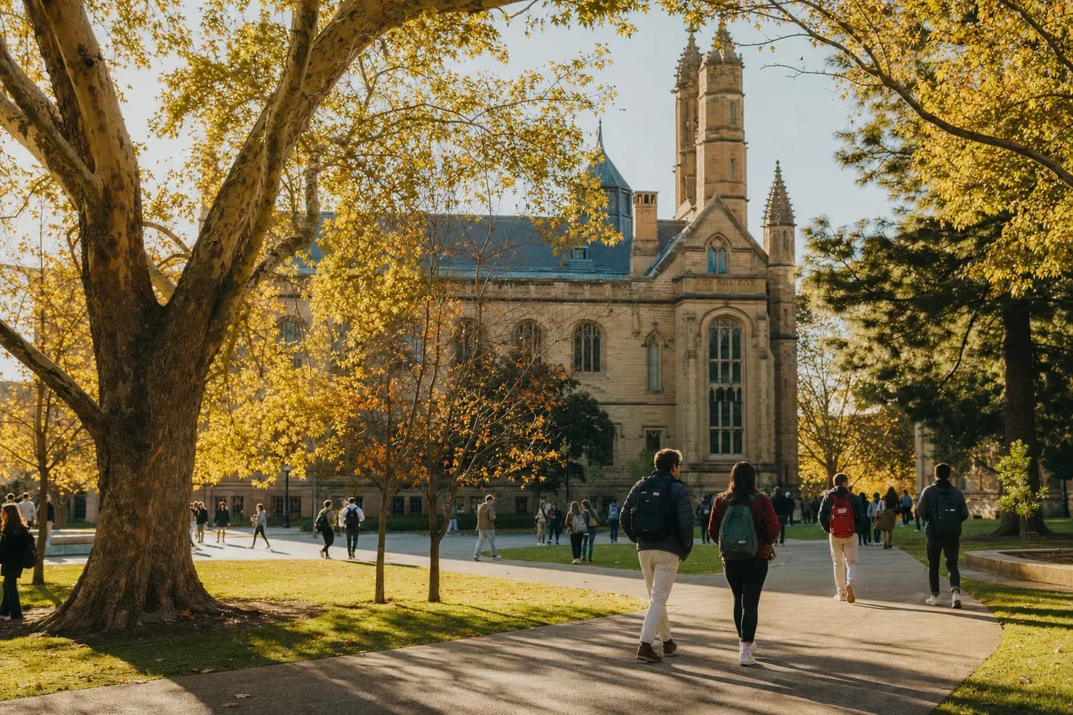 Adelaide University 阿德萊德大學的寫實校園景緻，學生在建築前漫步