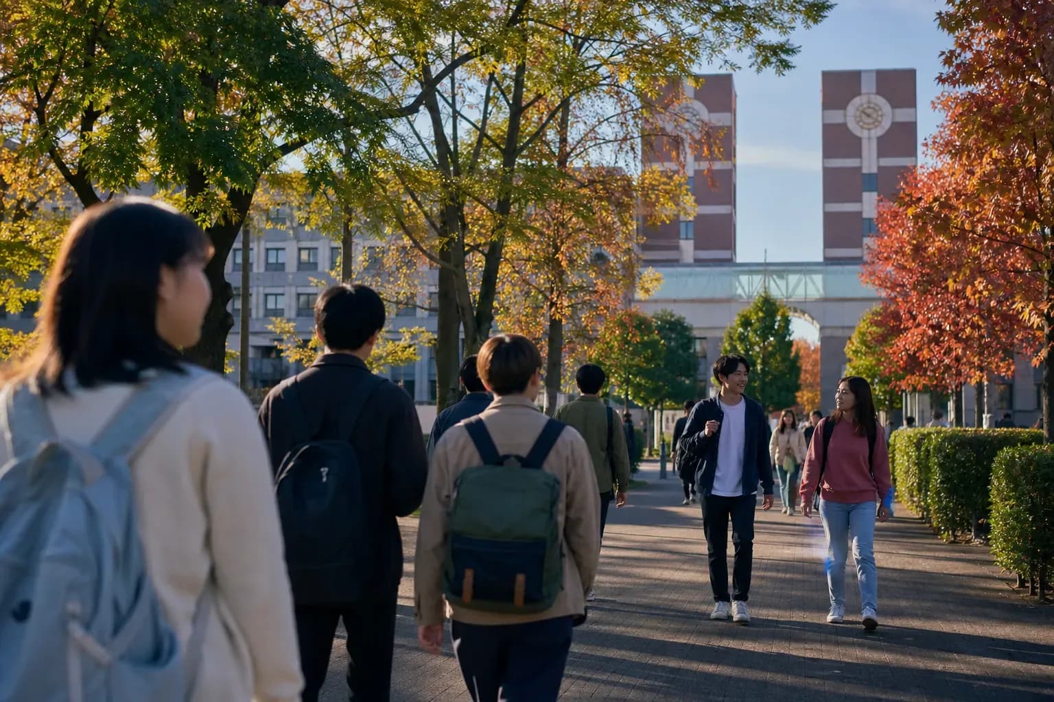 Asia Pacific University (APU) 立命館亞洲太平洋大學的寫實校園景緻，學生在建築前漫步