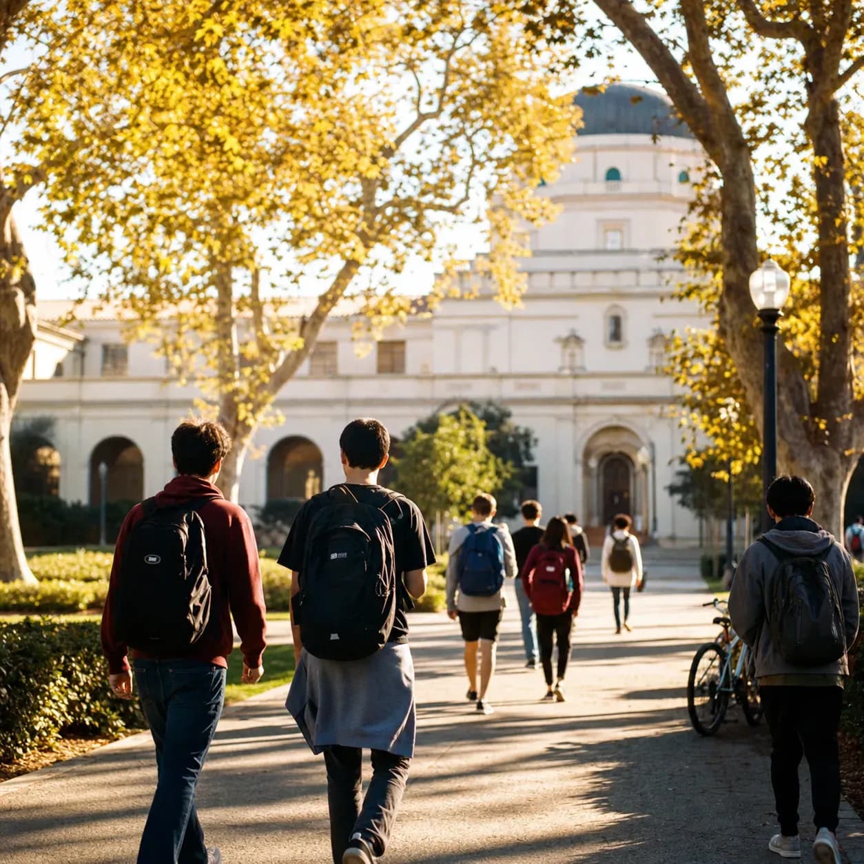 California Institute of Technology 加州理工學院的寫實校園景緻，學生在建築前漫步