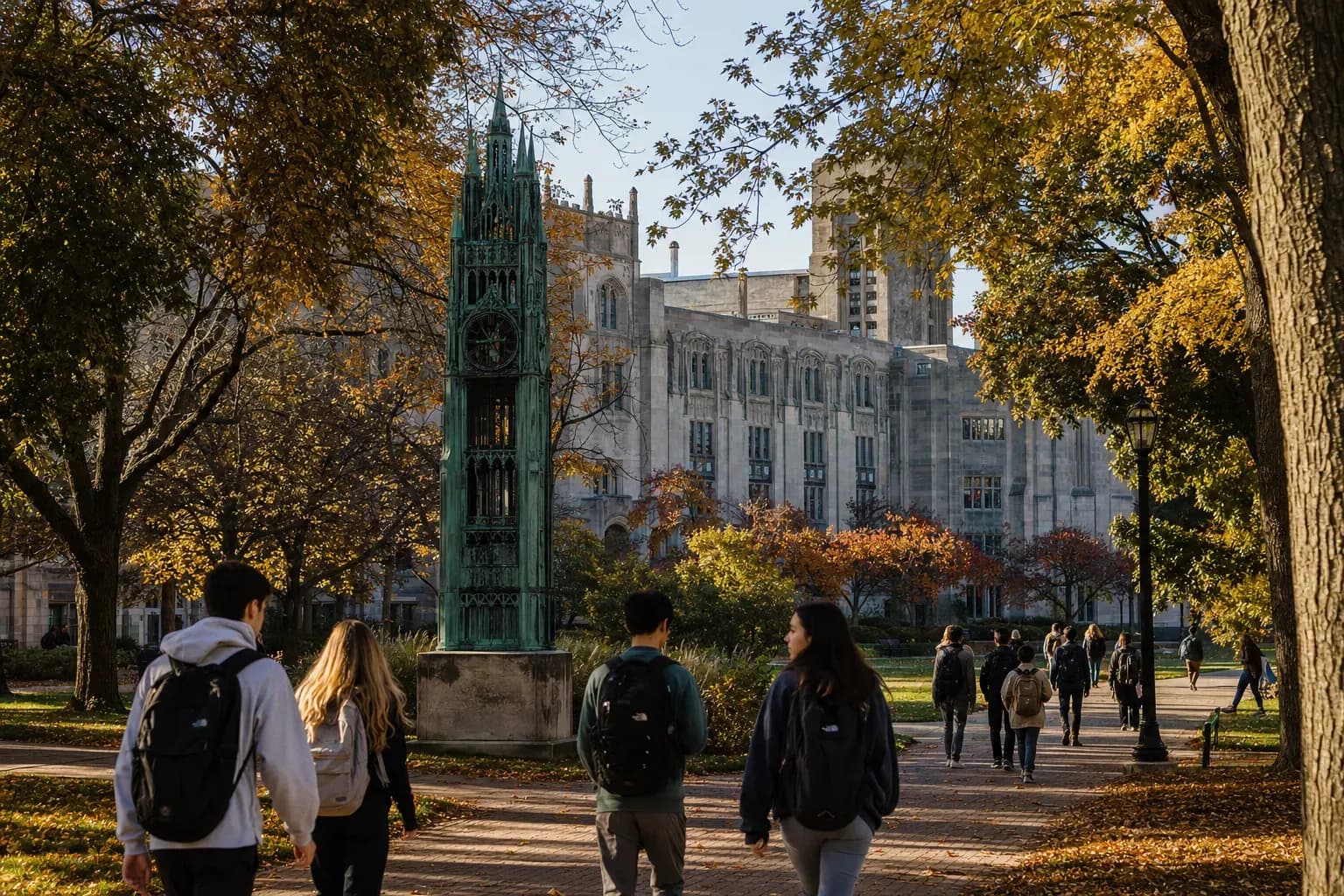 Case Western Reserve 凱斯西儲大學的寫實校園景緻，學生在建築前漫步