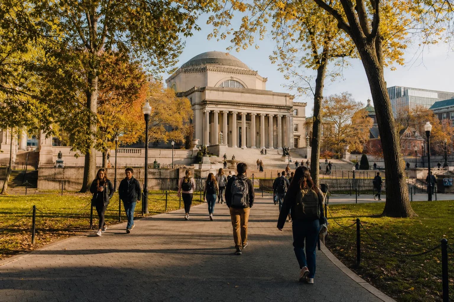 Columbia University 哥倫比亞大學的寫實校園景緻，學生在建築前漫步