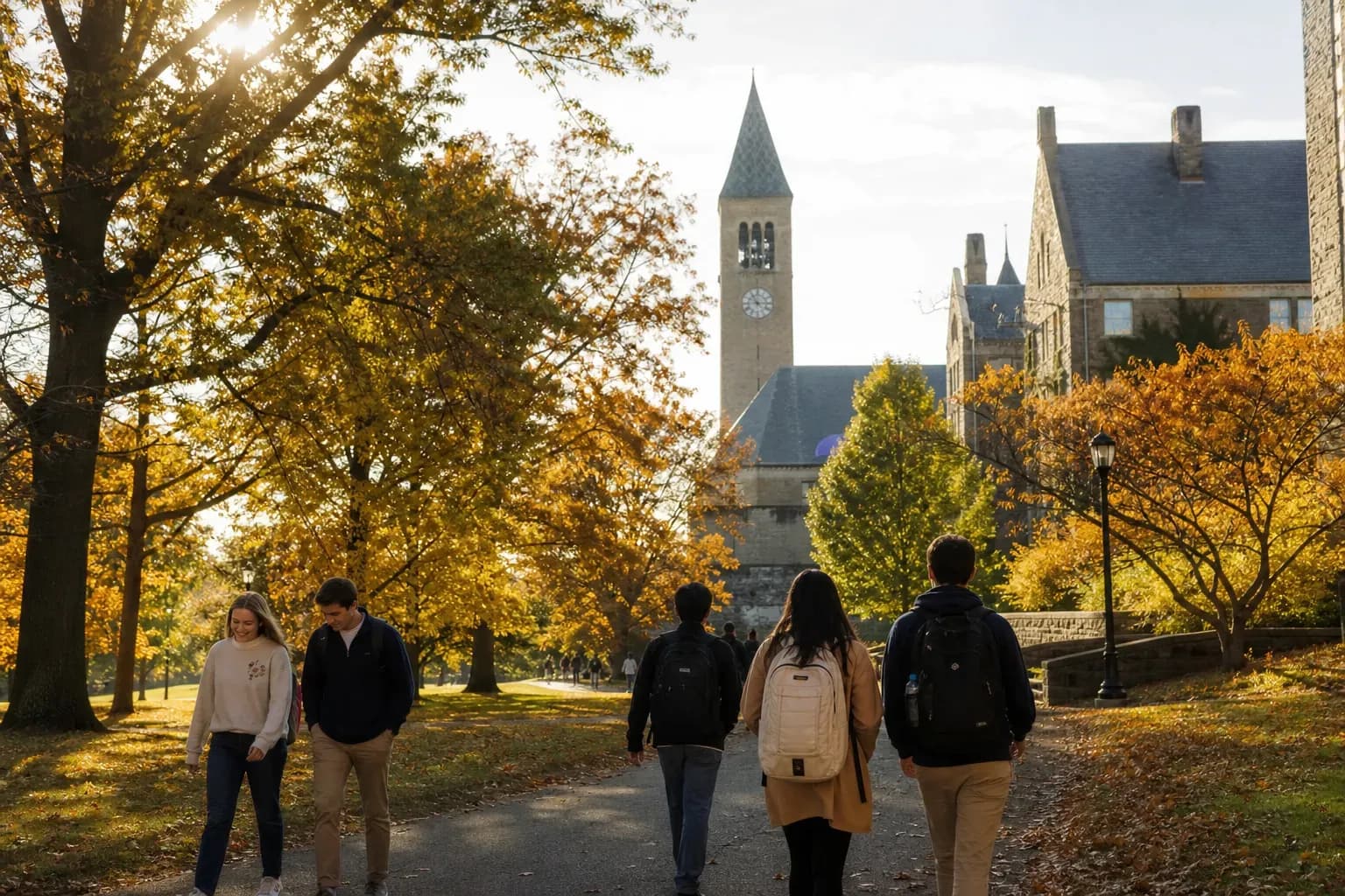 Cornell University 康乃爾大學的寫實校園景緻，學生在建築前漫步