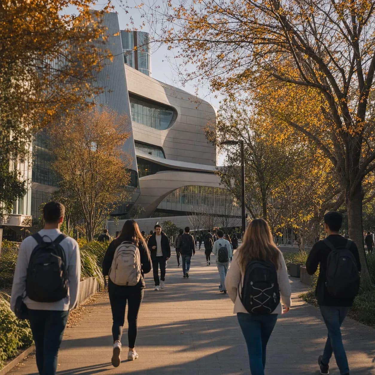Deakin University 迪肯大學的寫實校園景緻，學生在建築前漫步