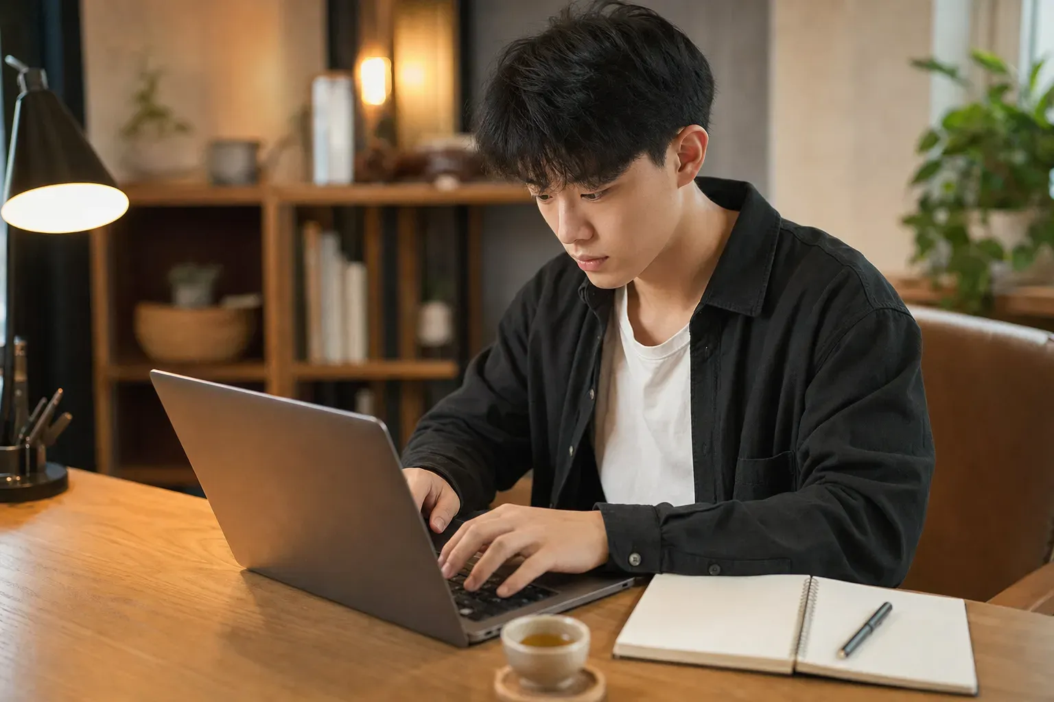 一位專注的學生在溫馨的書房中用電腦撰寫申請文書