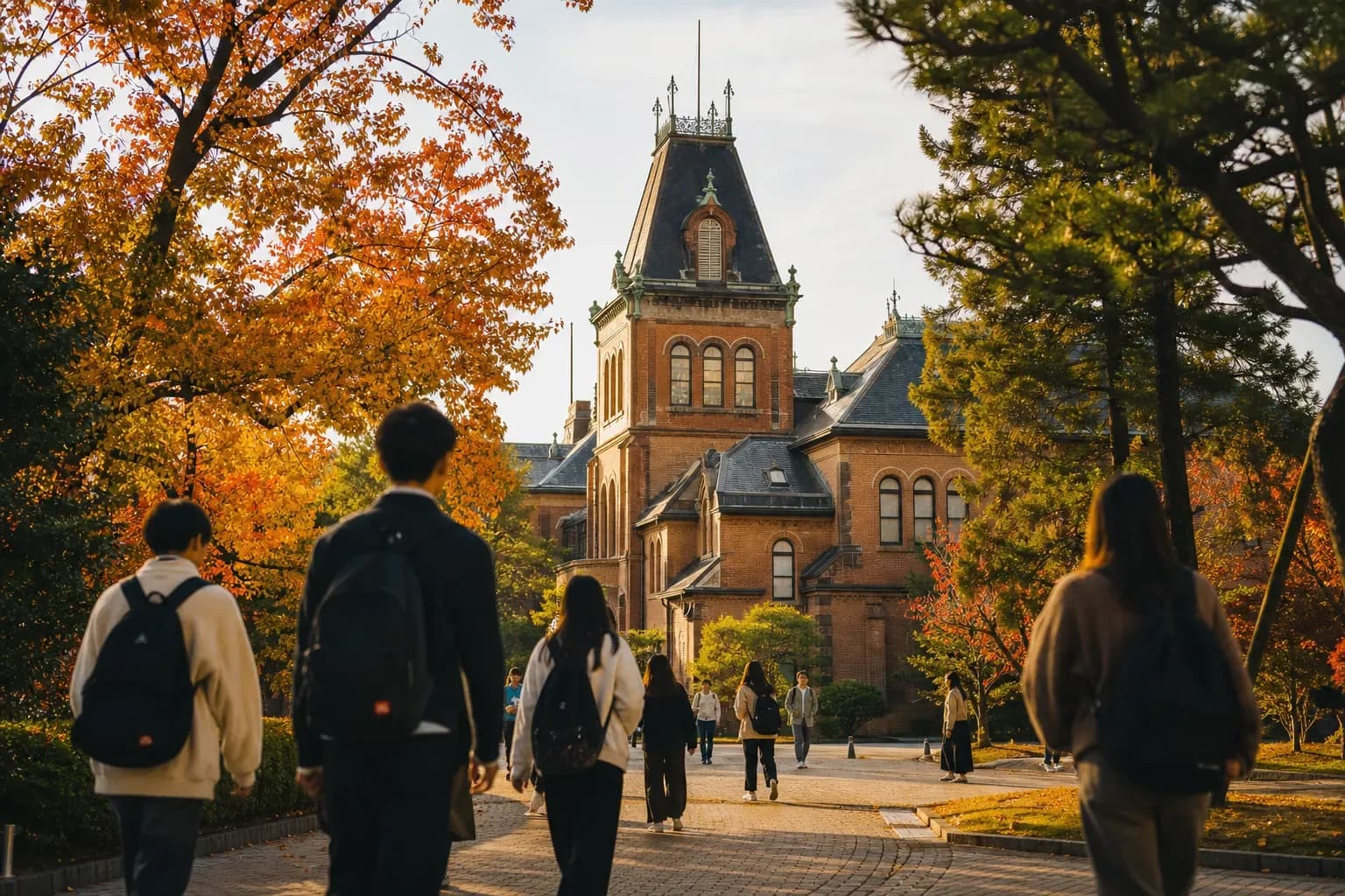 Doshisha University 同志社大學的寫實校園景緻，學生在建築前漫步