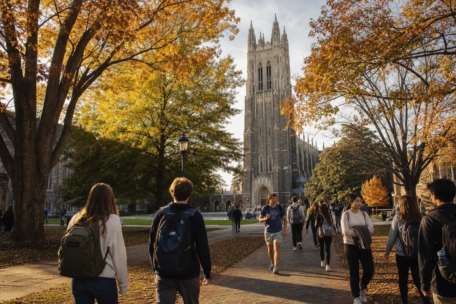Duke University 杜克大學的寫實校園景緻，學生在建築前漫步