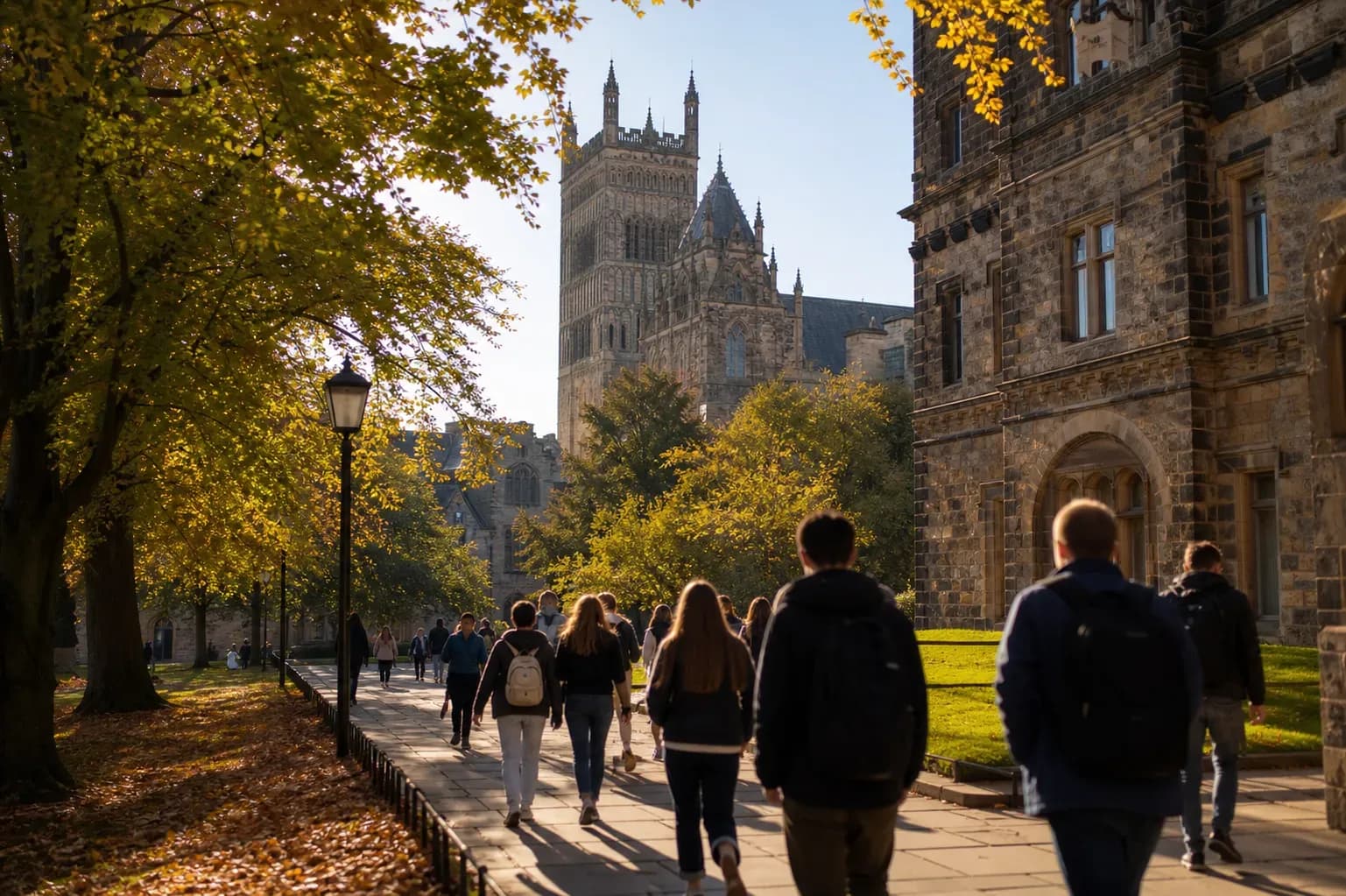 Durham University 杜倫大學的寫實校園景緻，學生在建築前漫步