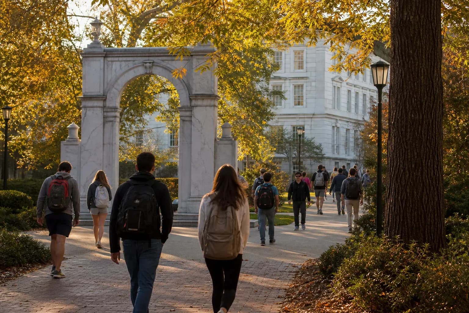 Emory University 艾默理大學的寫實校園景緻，學生在建築前漫步