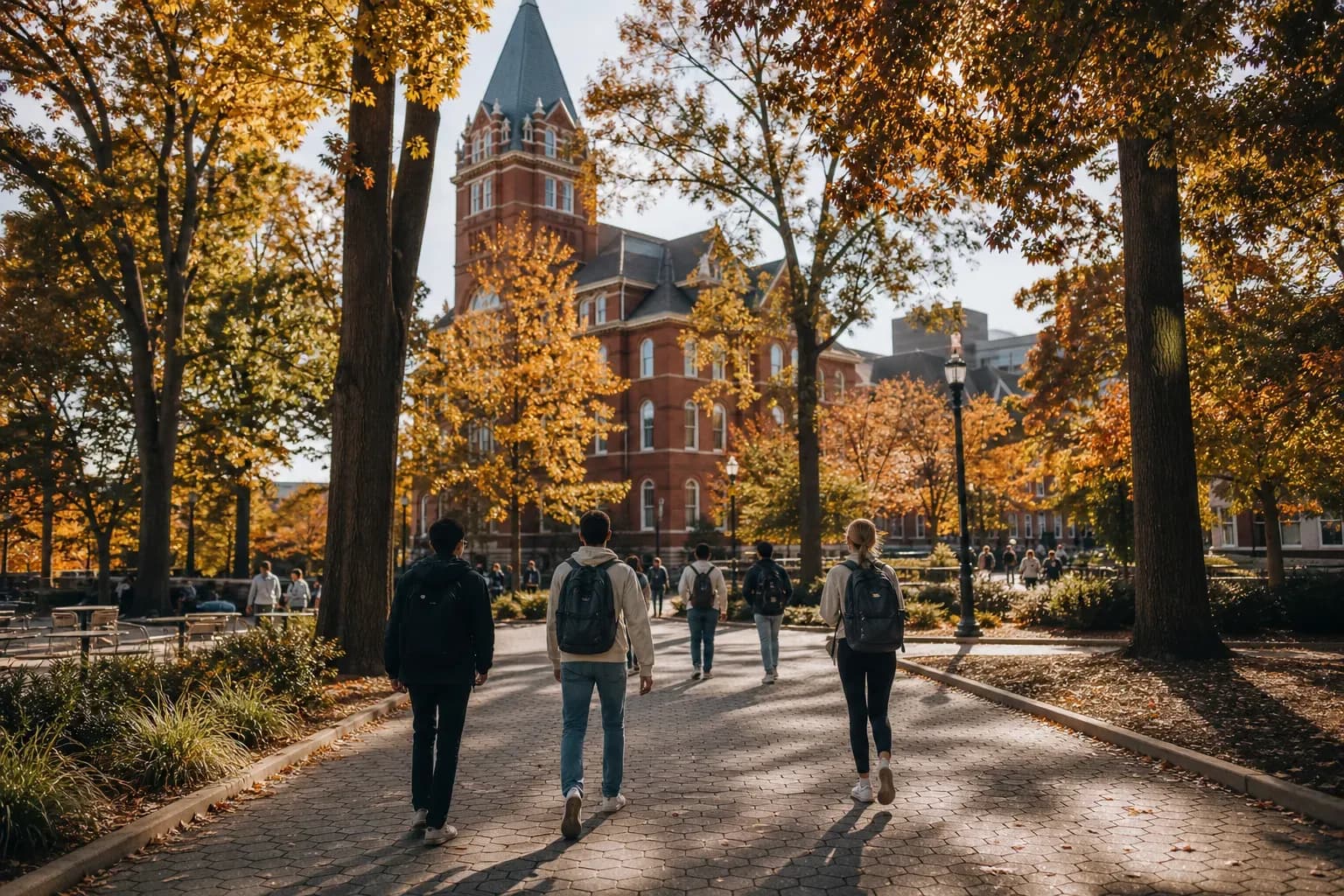 Georgia Tech 喬治亞理工學院的寫實校園景緻，學生在建築前漫步