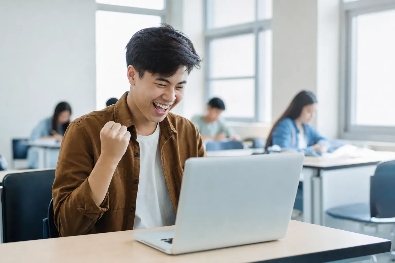 一位開心的學生在明亮的教室裡收到獎學金錄取通知