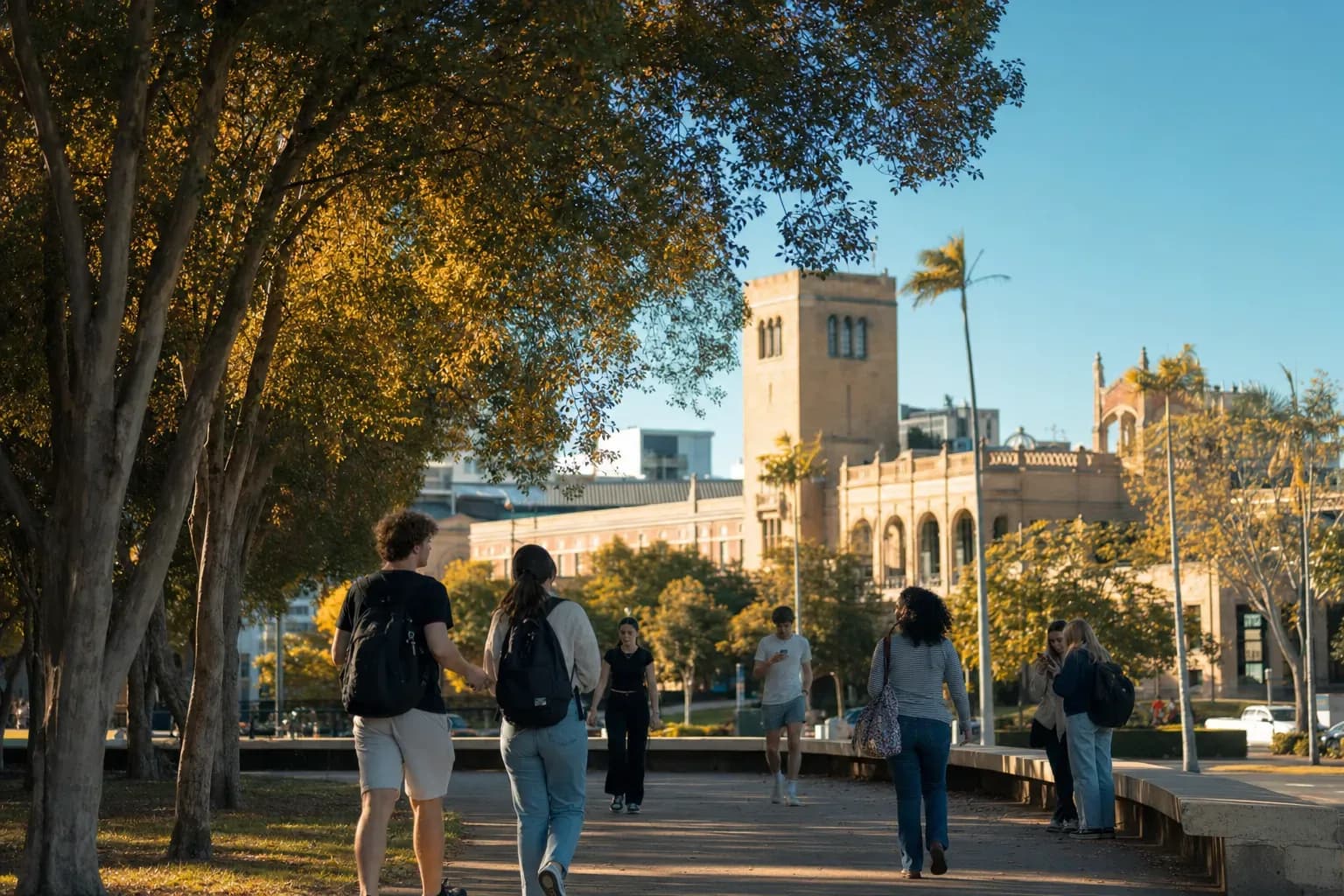 Griffith University 格里菲斯大學的寫實校園景緻，學生在建築前漫步