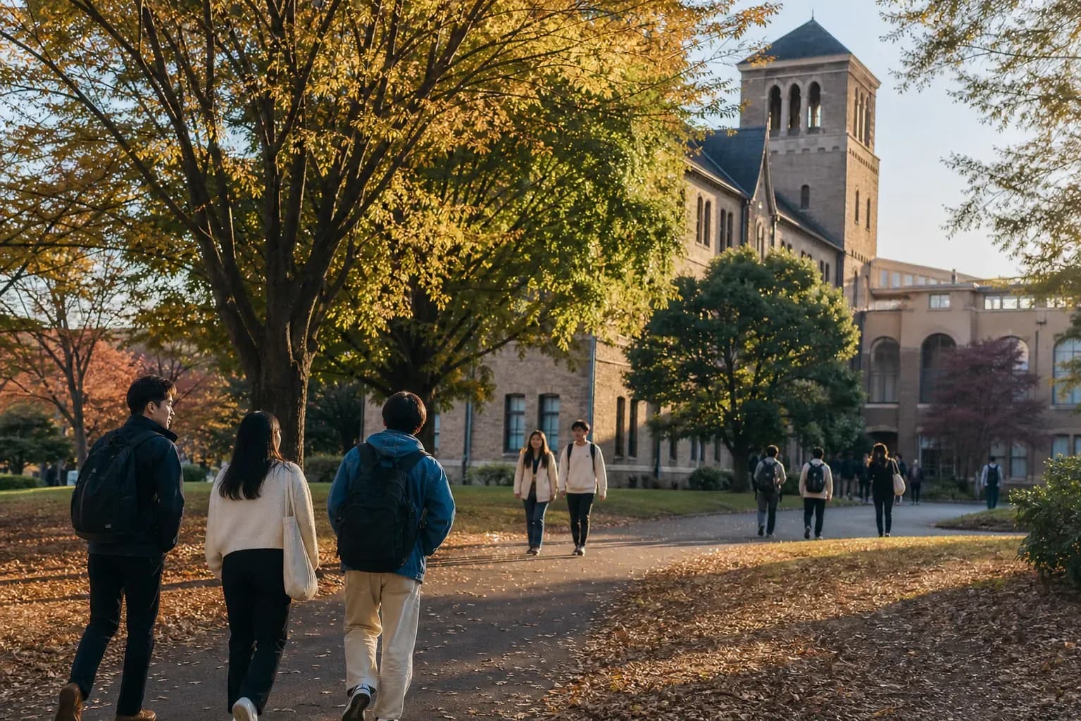 International Christian University (ICU) 國際基督教大學的寫實校園景緻，學生在建築前漫步