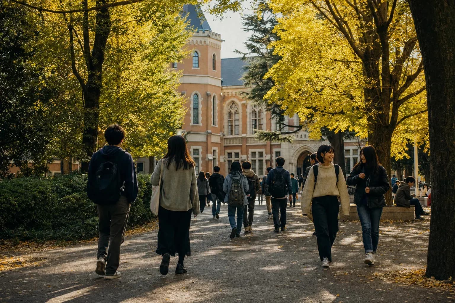 Keio University 慶應義塾大學的寫實校園景緻，學生在建築前漫步