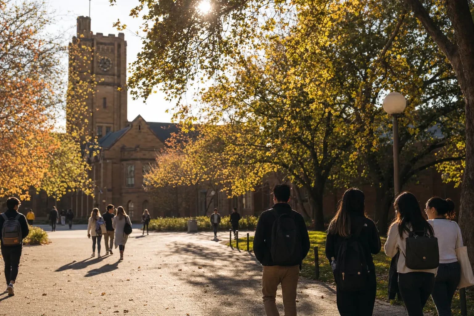 La Trobe University 拉籌伯大學的寫實校園景緻，學生在建築前漫步