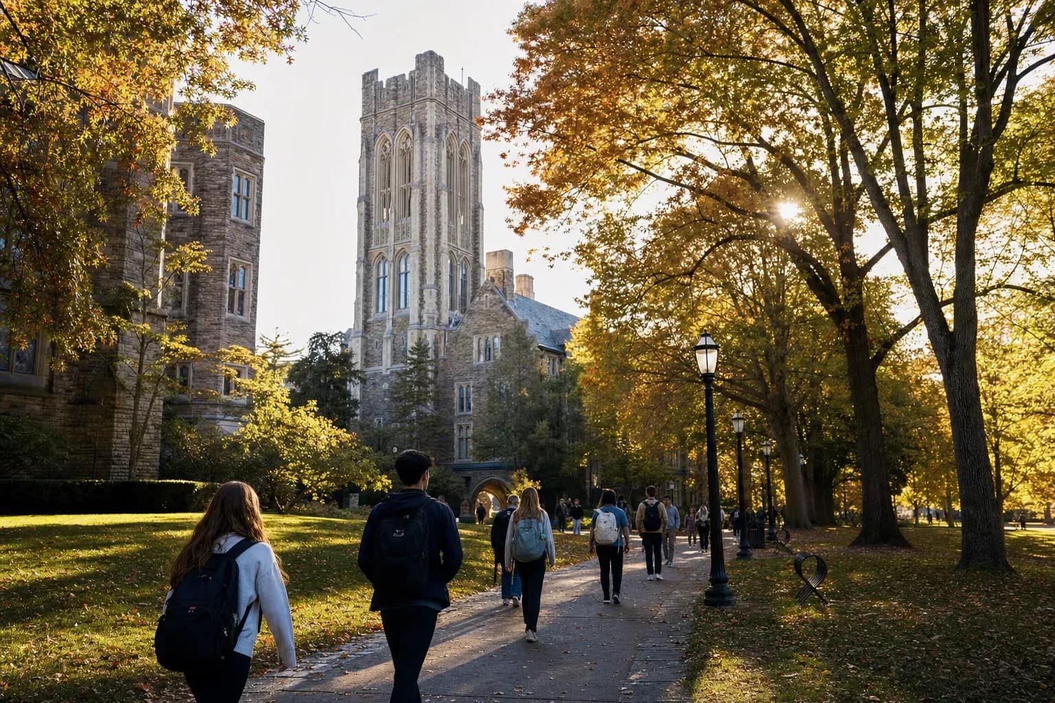 Lehigh 利哈伊大學的寫實校園景緻，學生在建築前漫步
