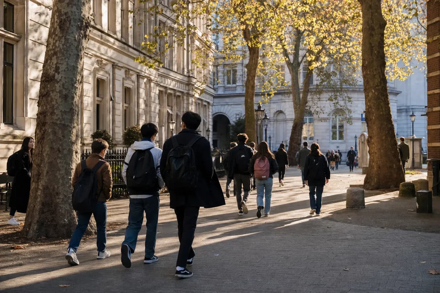 London School of Economics (LSE) 倫敦政經學院的寫實校園景緻，學生在建築前漫步