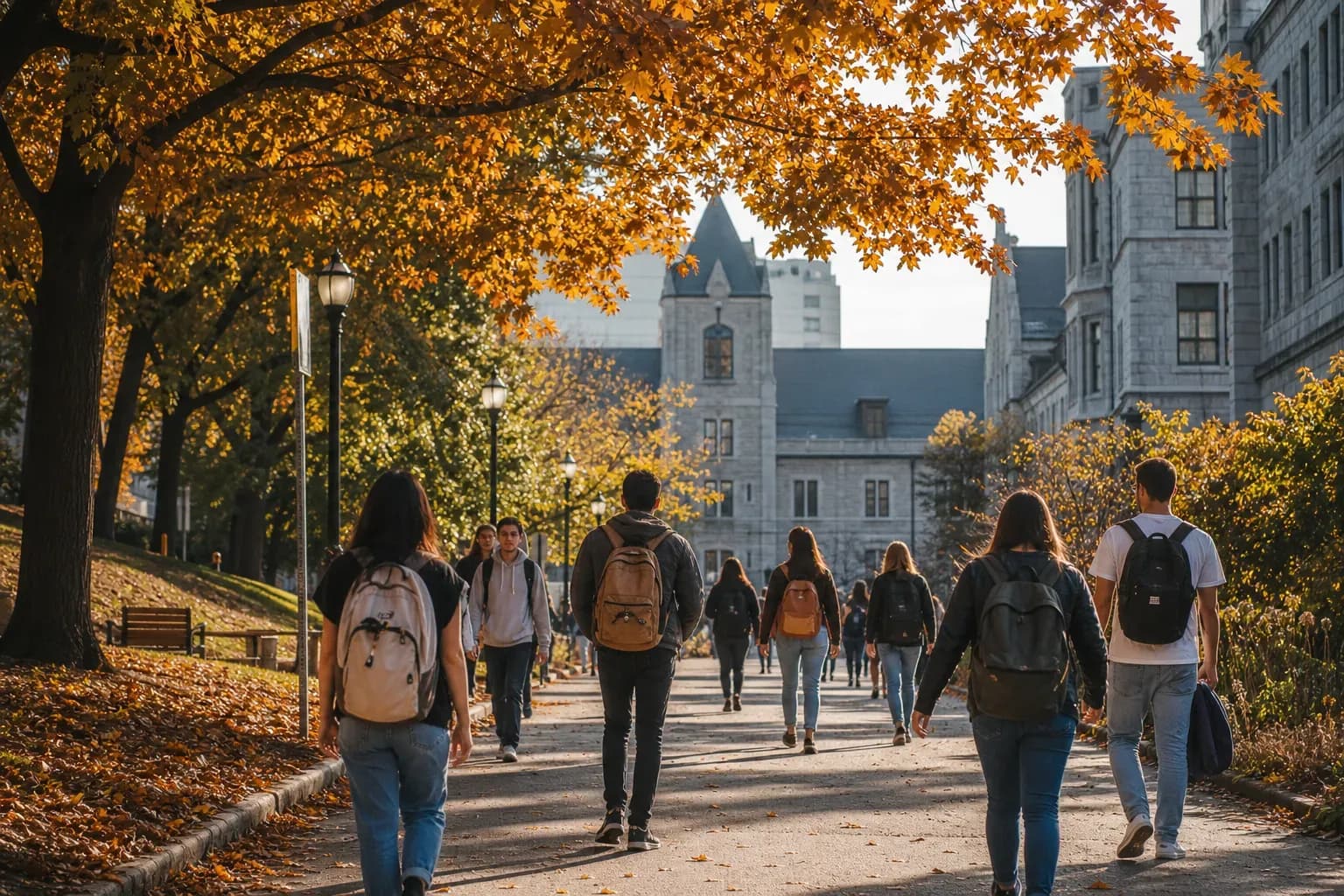 McGill University 麥基爾大學的寫實校園景緻，學生在建築前漫步