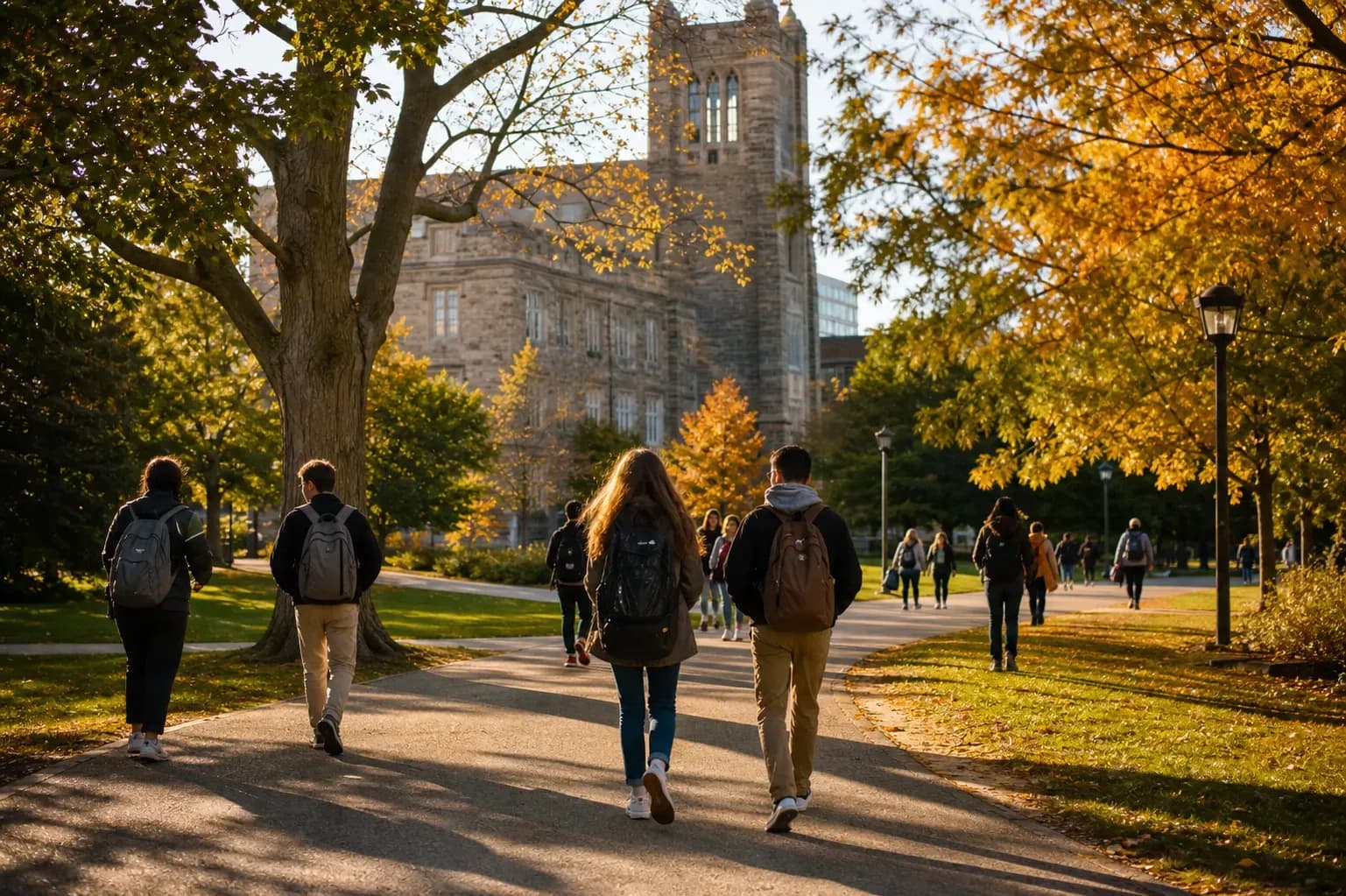 McMaster University 麥馬斯特大學的寫實校園景緻，學生在建築前漫步