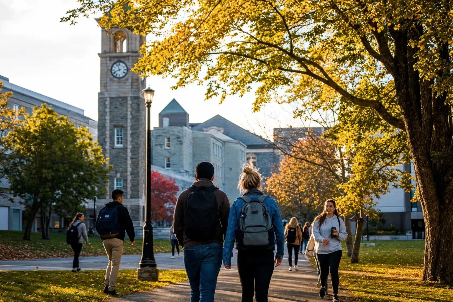 Memorial University of Newfoundland 紐芬蘭紀念大學的寫實校園景緻，學生在建築前漫步