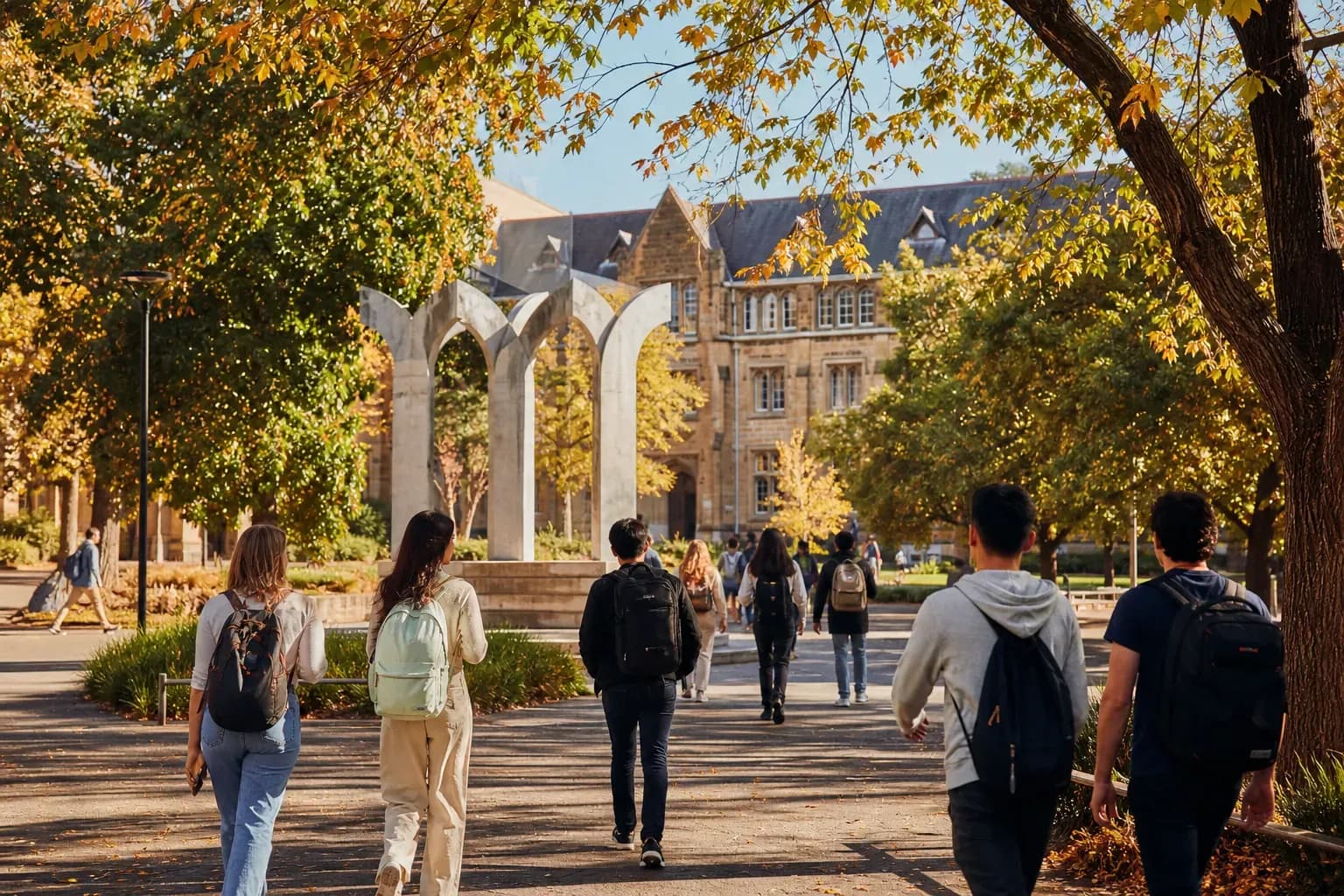 Monash University 蒙納許大學的寫實校園景緻，學生在建築前漫步