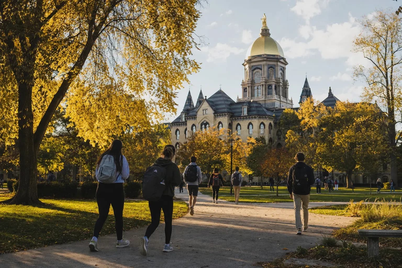 University of Notre Dame 聖母大學的寫實校園景緻，學生在建築前漫步