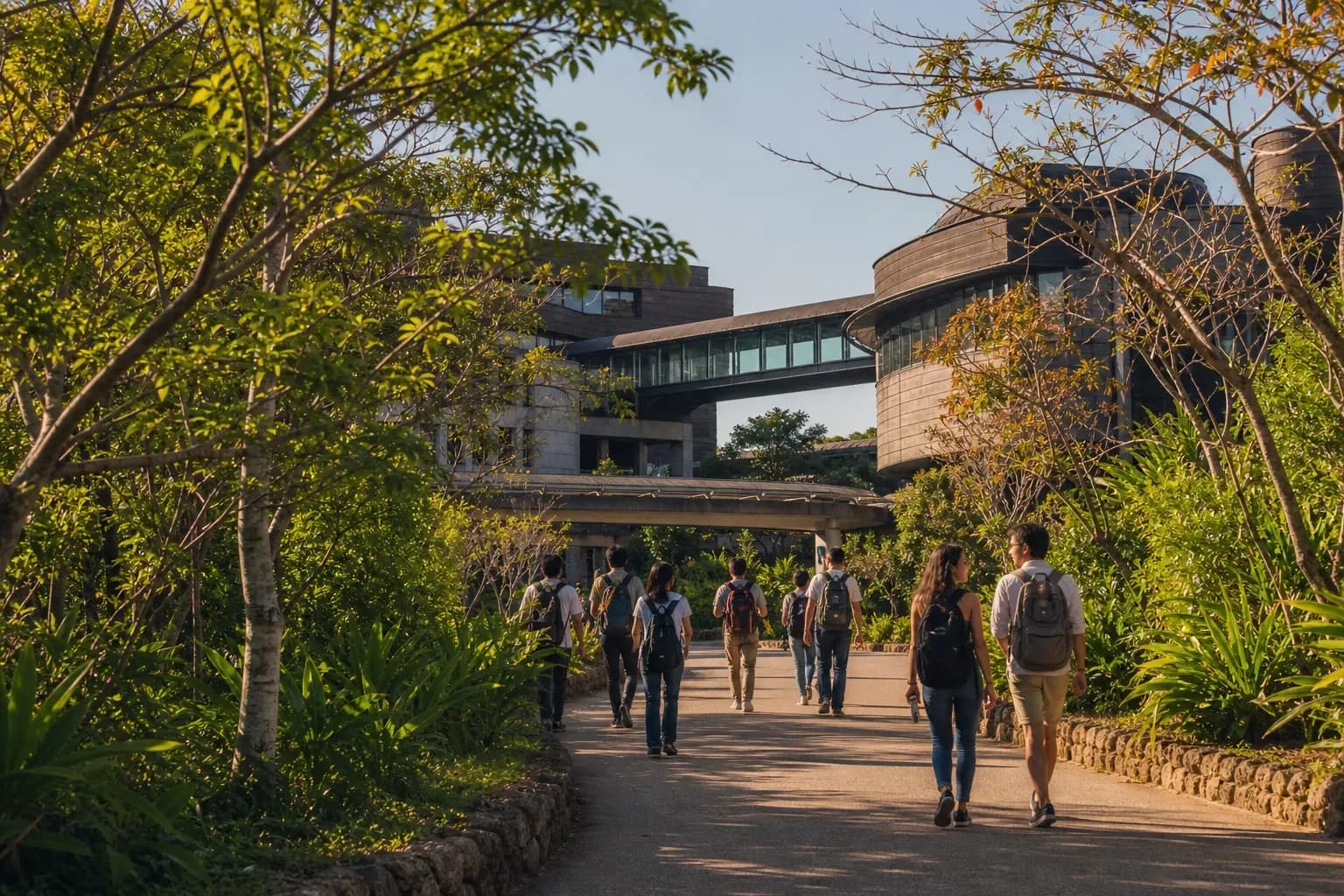 OIST 沖繩科學技術大學院大學的寫實校園景緻，學生在建築前漫步