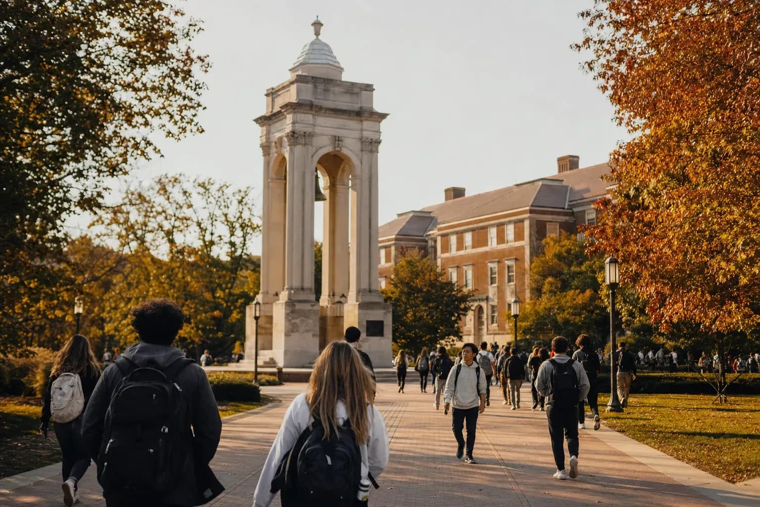Purdue 普渡大學的寫實校園景緻，學生在建築前漫步