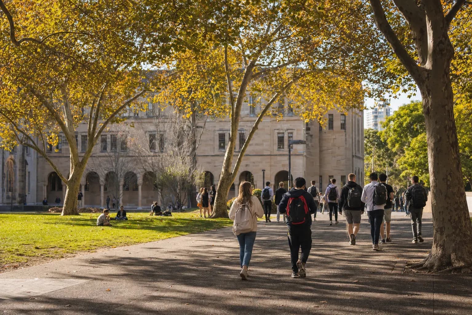 Queensland University of Technology 昆士蘭科技大學的寫實校園景緻，學生在建築前漫步