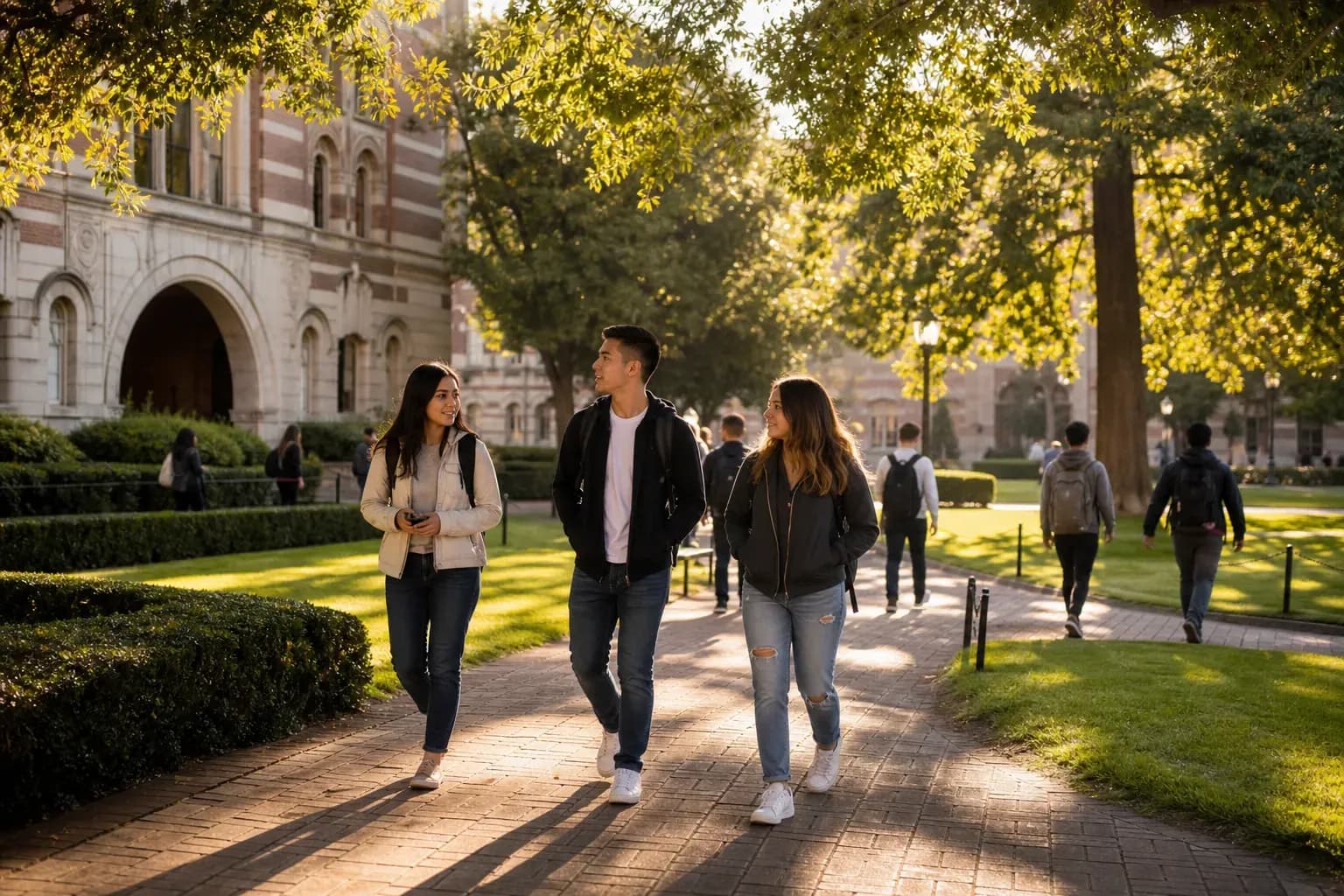 美麗且陽光明媚的大學校園，學生們背著背包走在校園中