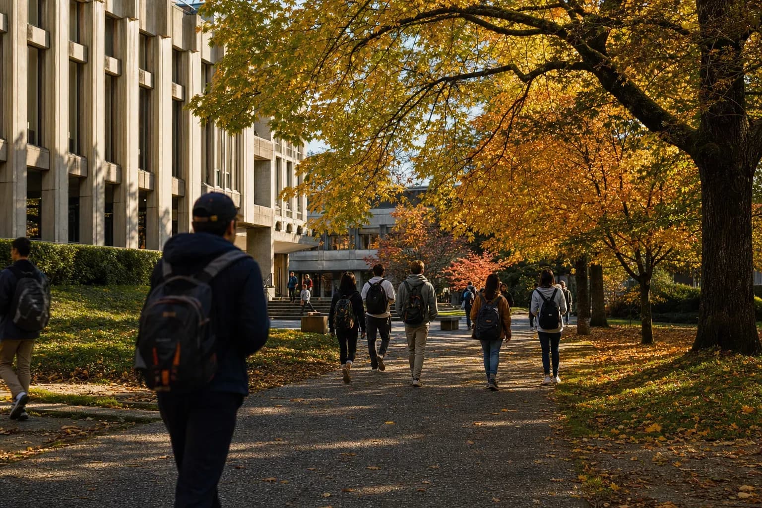 Simon Fraser University 西門菲莎大學的寫實校園景緻，學生在建築前漫步